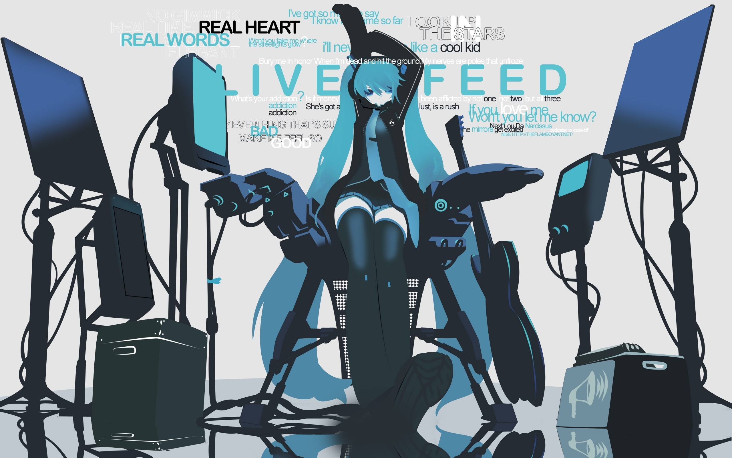 Hatsune Miku with music equipment and text HD Wallpaper