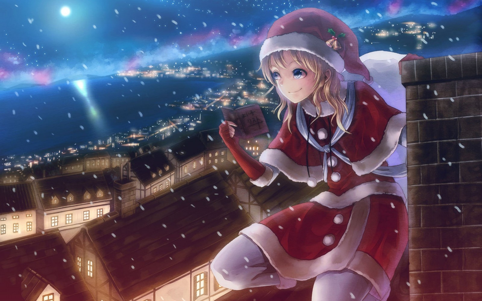 Anime girl in Santa costume on a rooftop HD Wallpaper