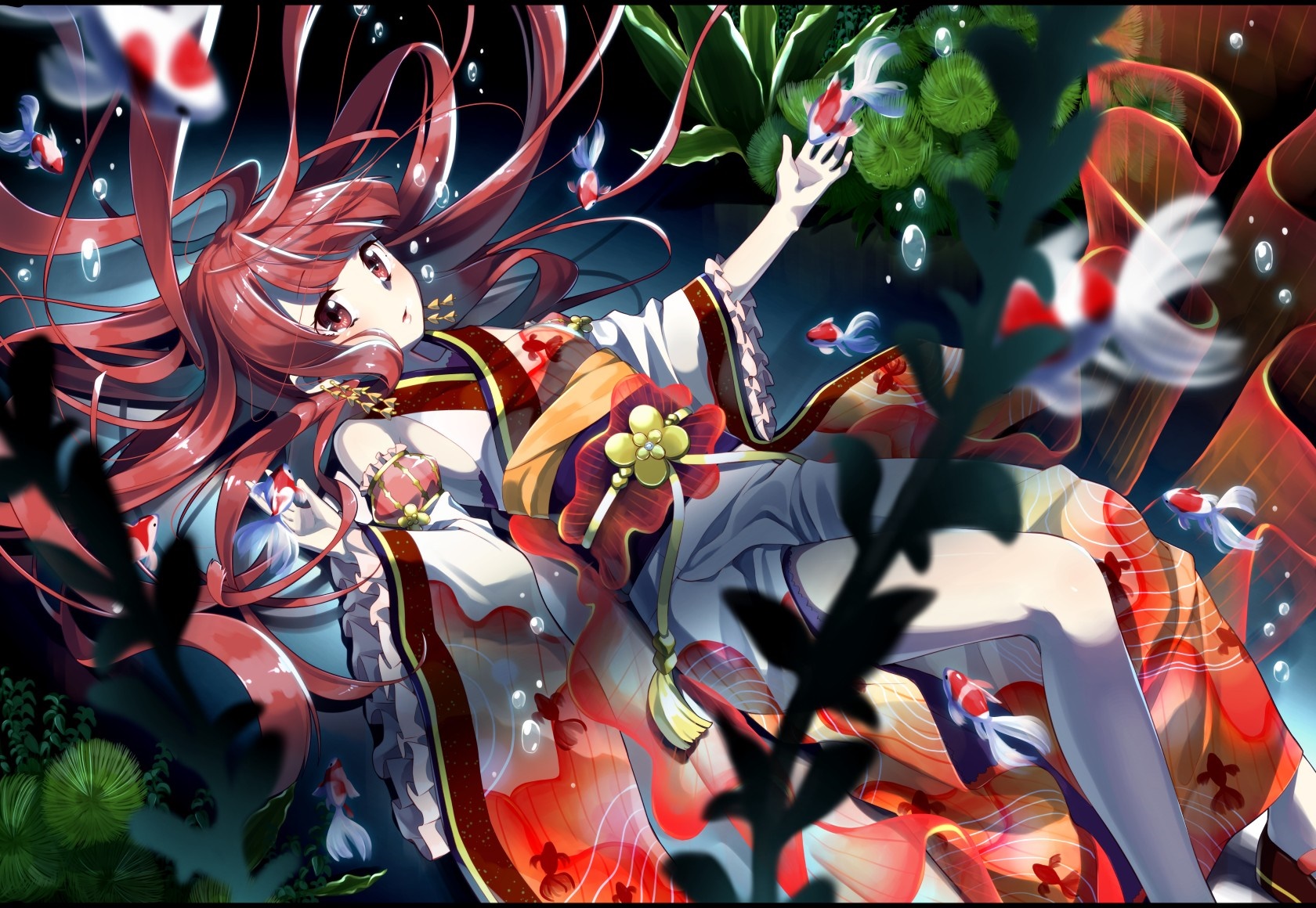Anime girl in kimono swimming with koi fish HD Wallpaper