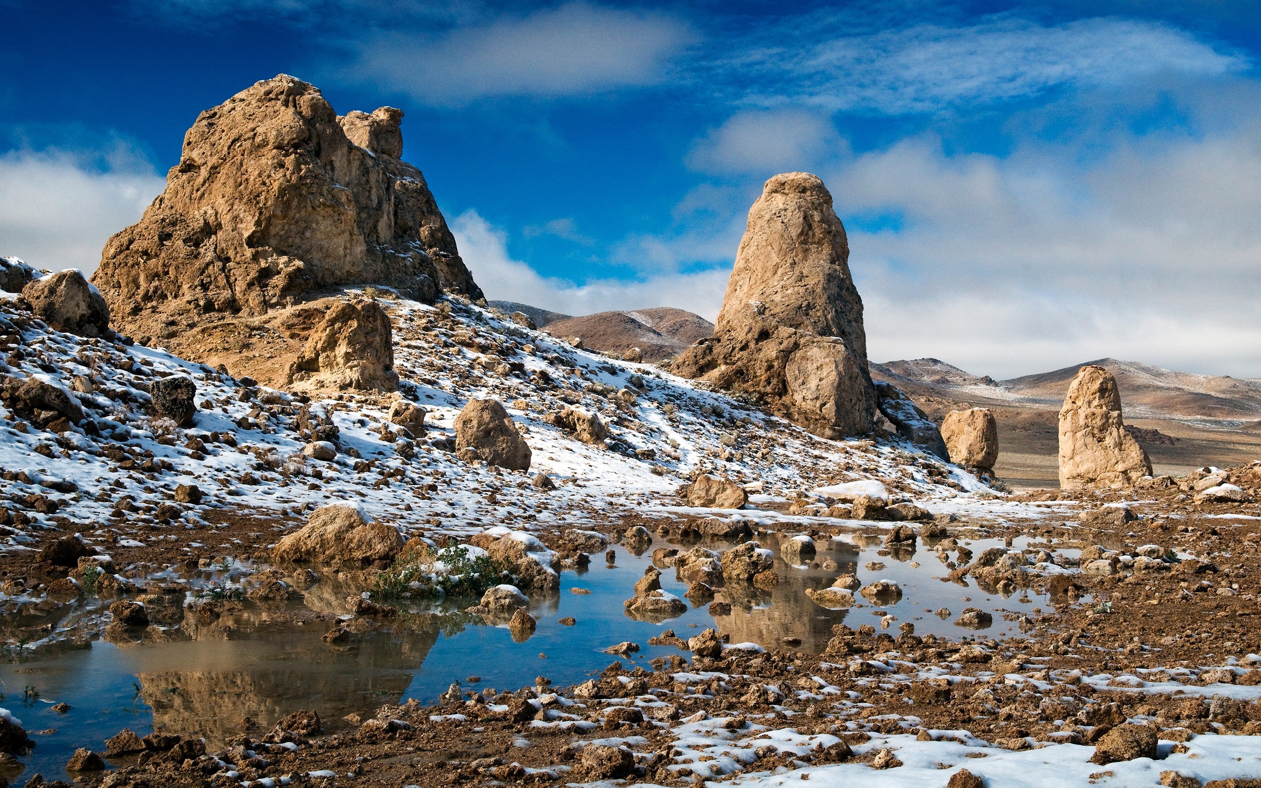 Snowy Rocky Plateau with Water Reflections HD Wallpaper