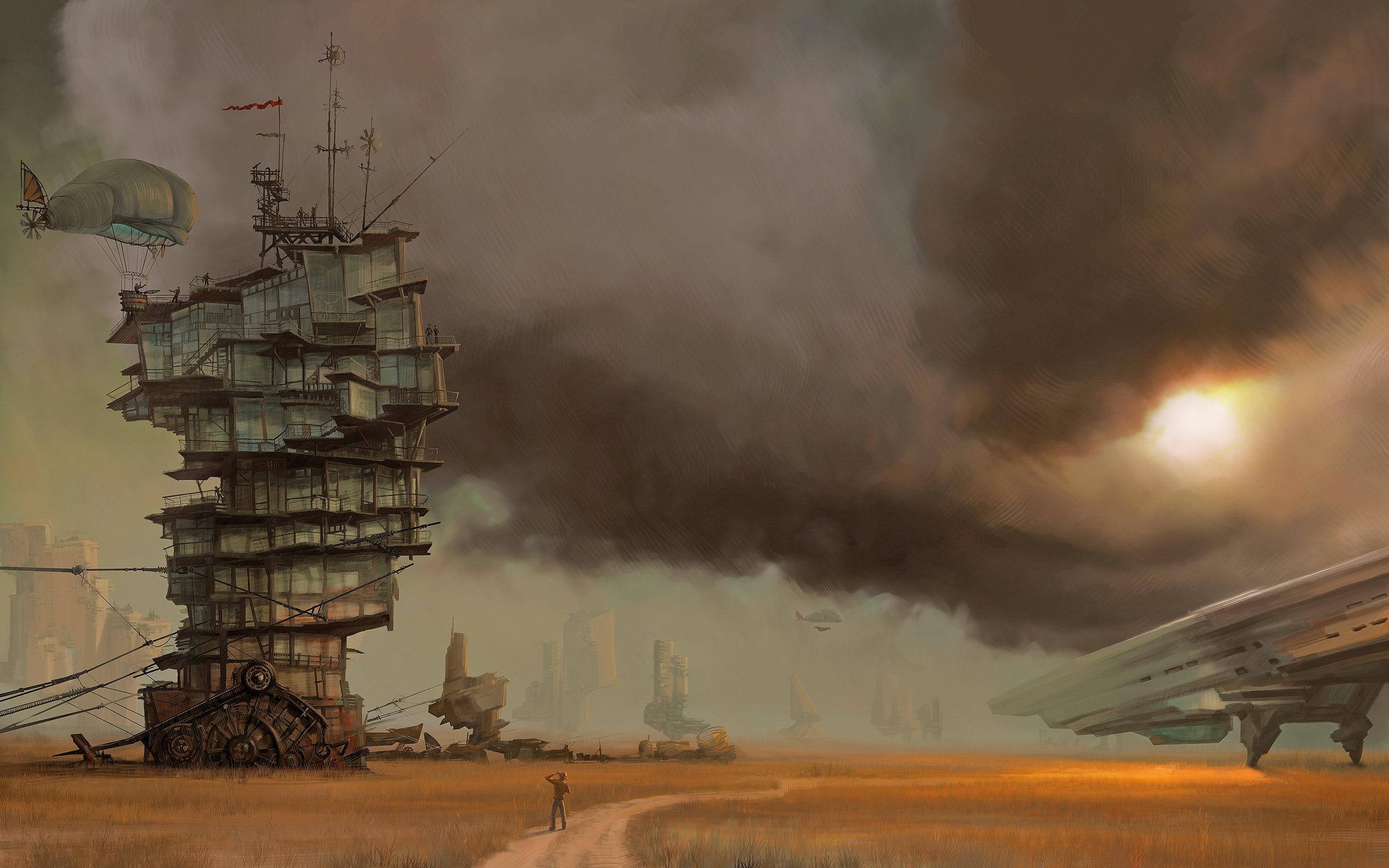 Steampunk tower in a desolate landscape with airships HD Wallpaper