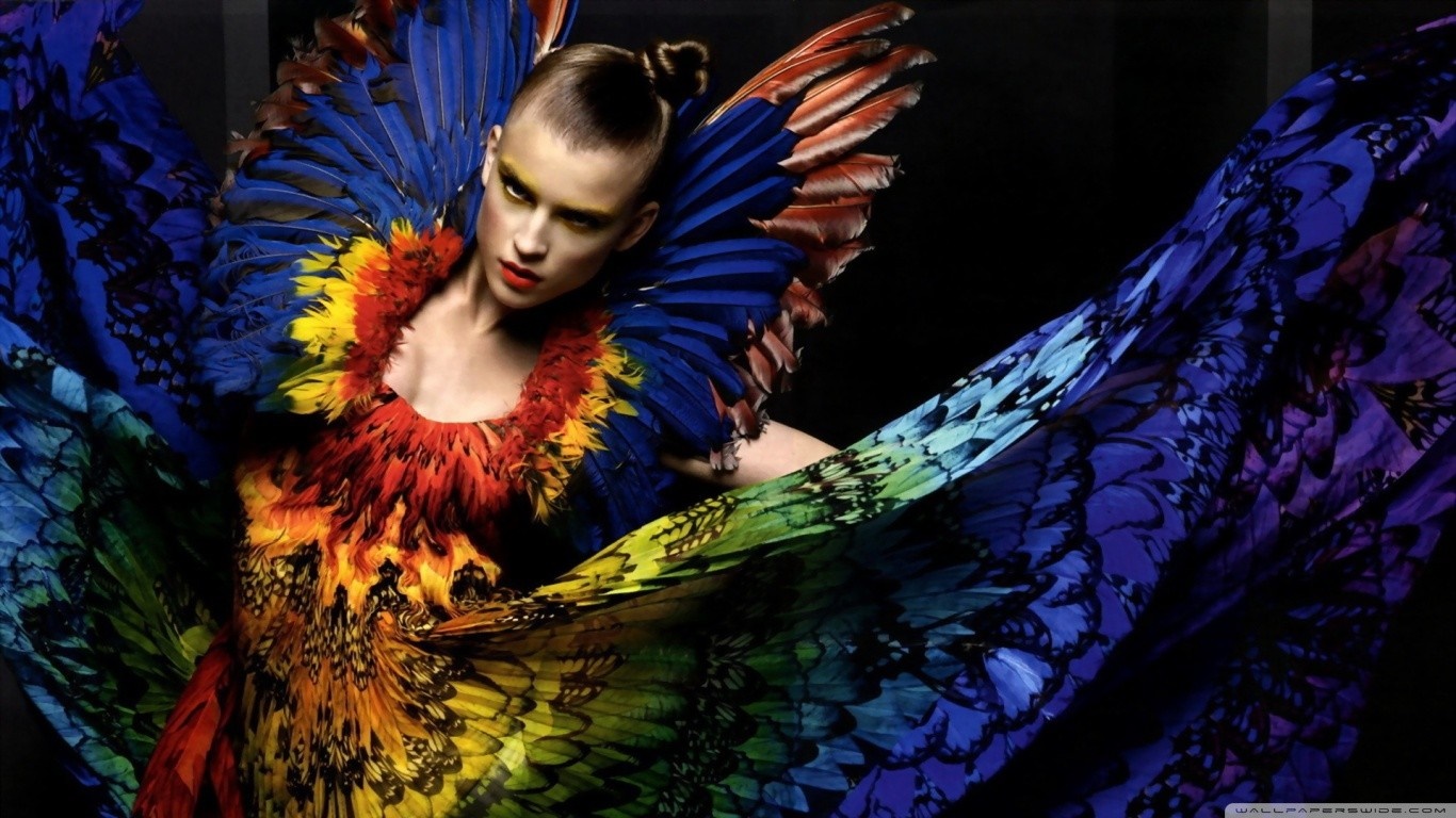 Model in colorful feather and butterfly costume HD Wallpaper