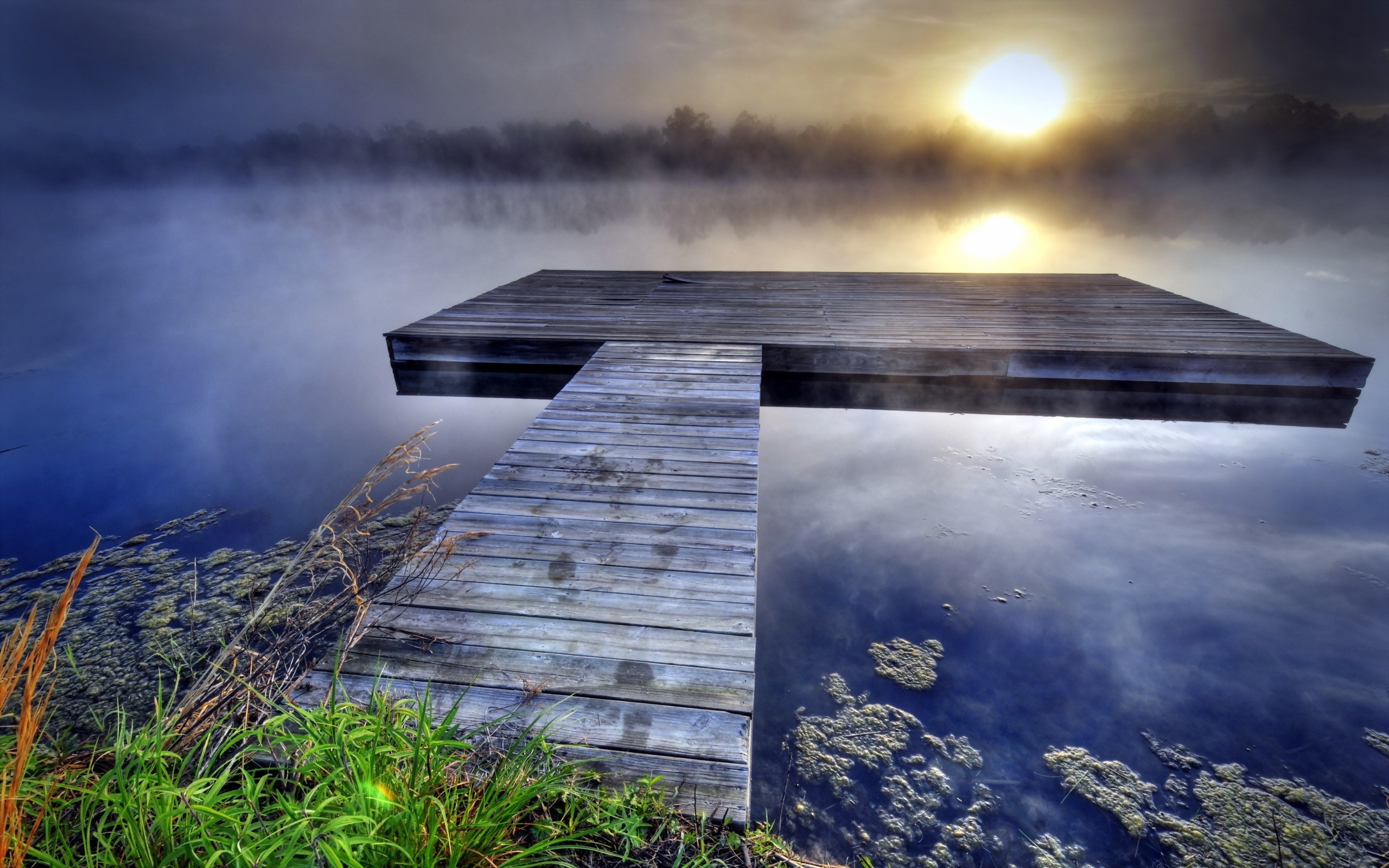 Wooden pier on a misty lake at sunrise HD Wallpaper