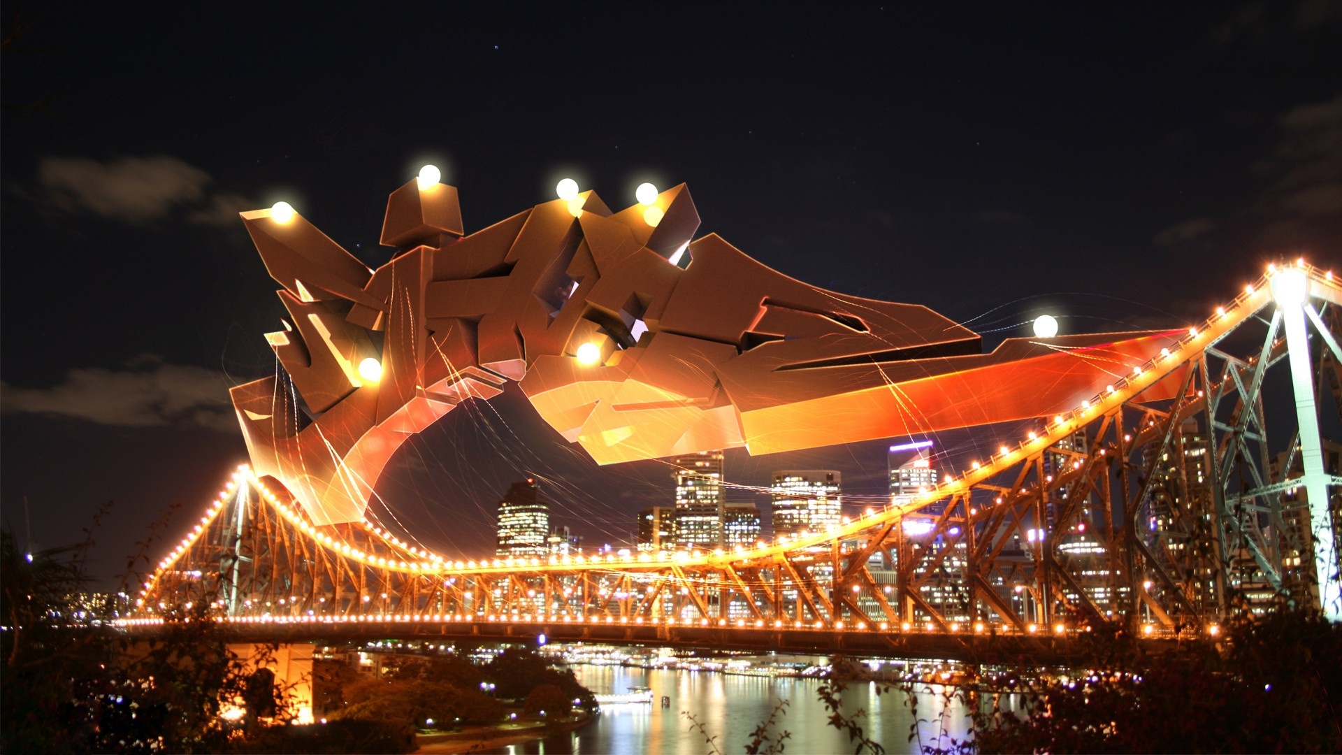 Graffiti art over a bridge at night HD Wallpaper