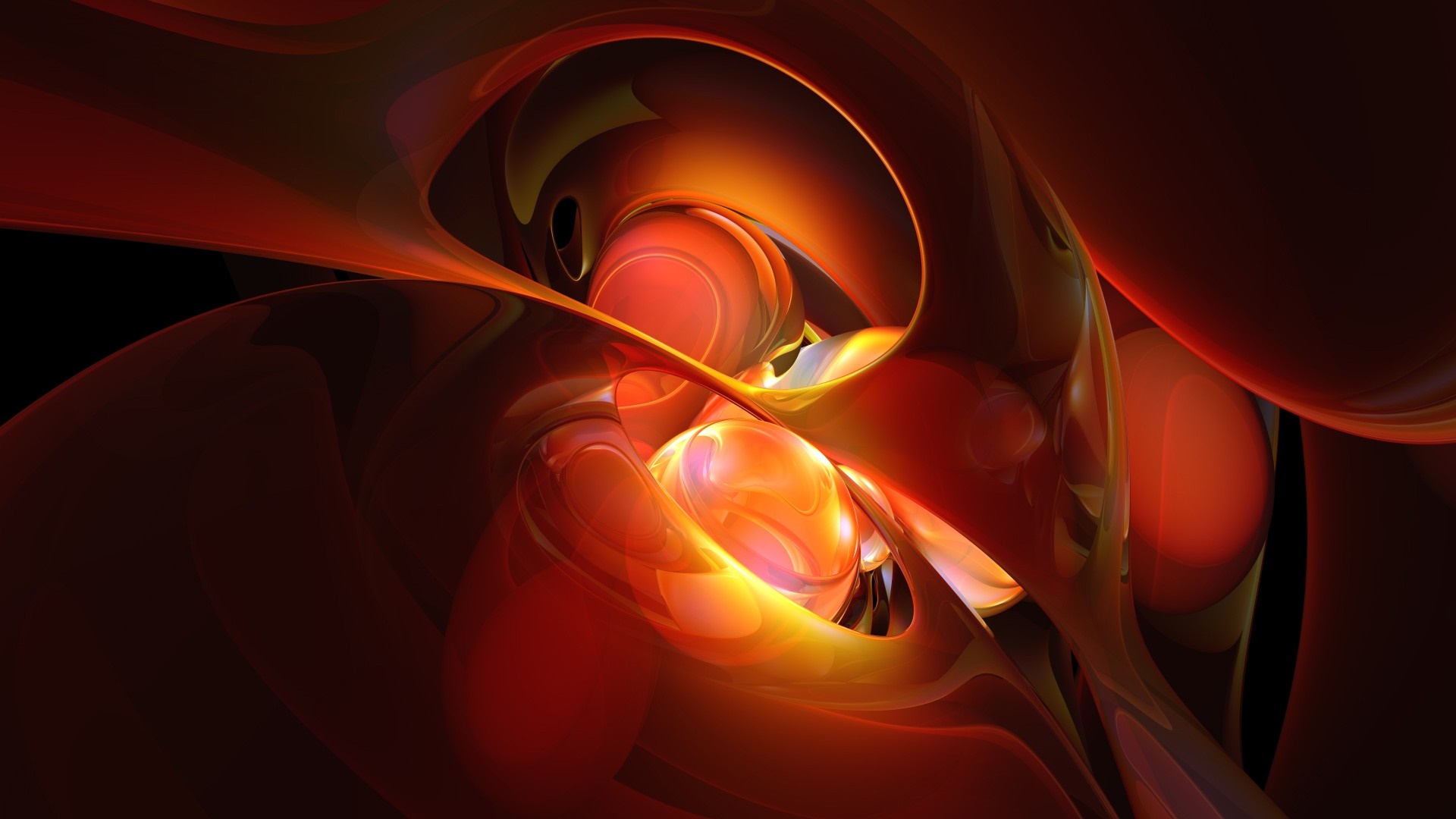 Abstract red and orange fluid shapes with glowing spheres HD Wallpaper