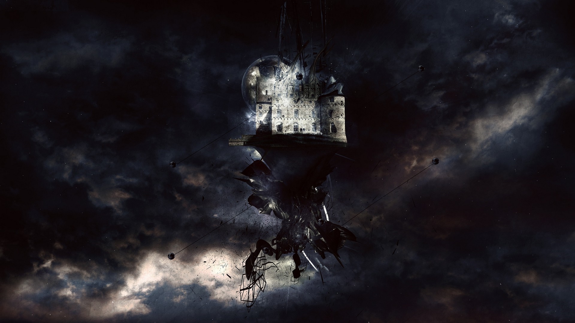 Floating castle in a dark, cloudy sky HD Wallpaper
