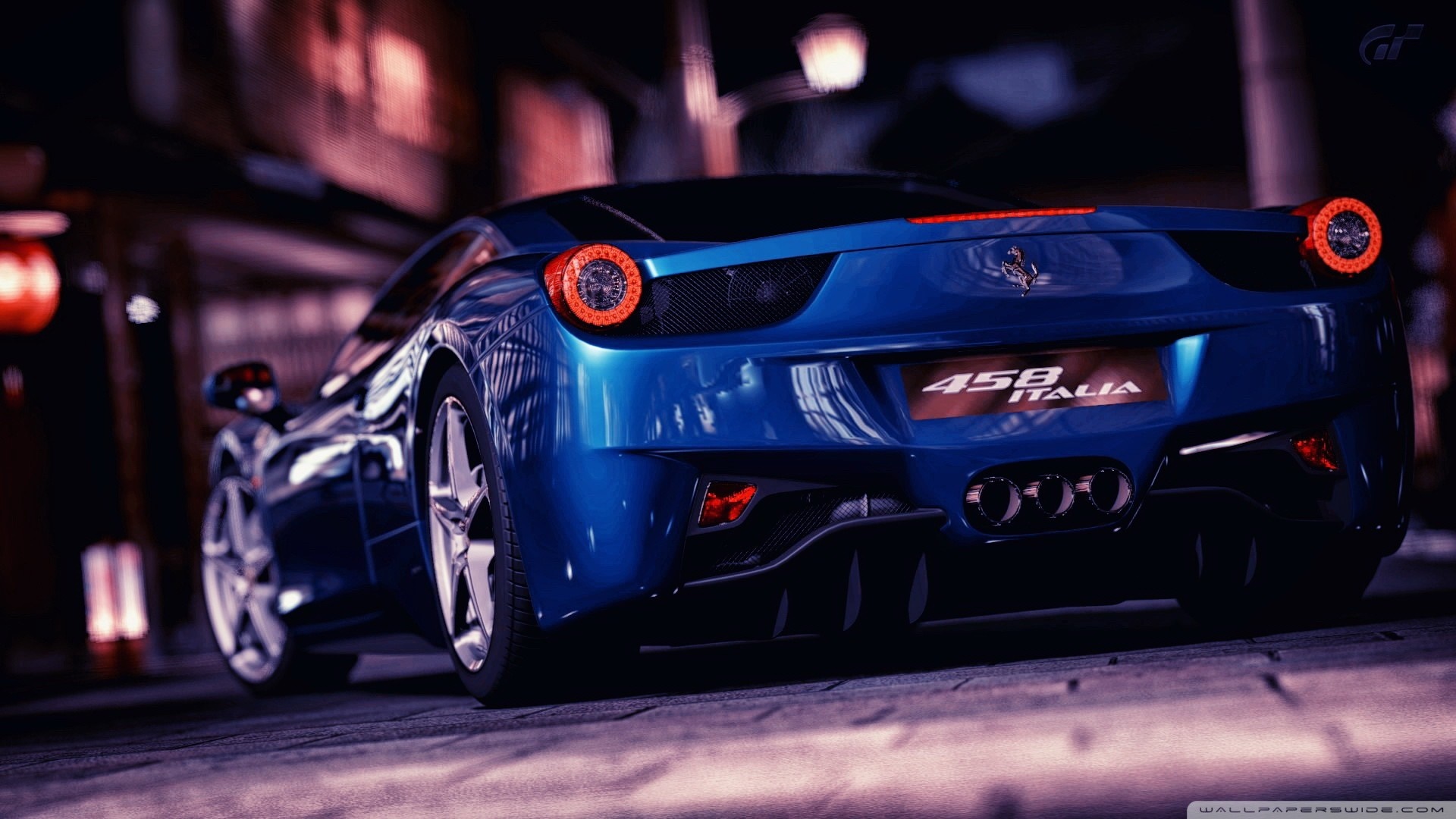 Blue Ferrari 458 Italia parked at night HD Wallpaper
