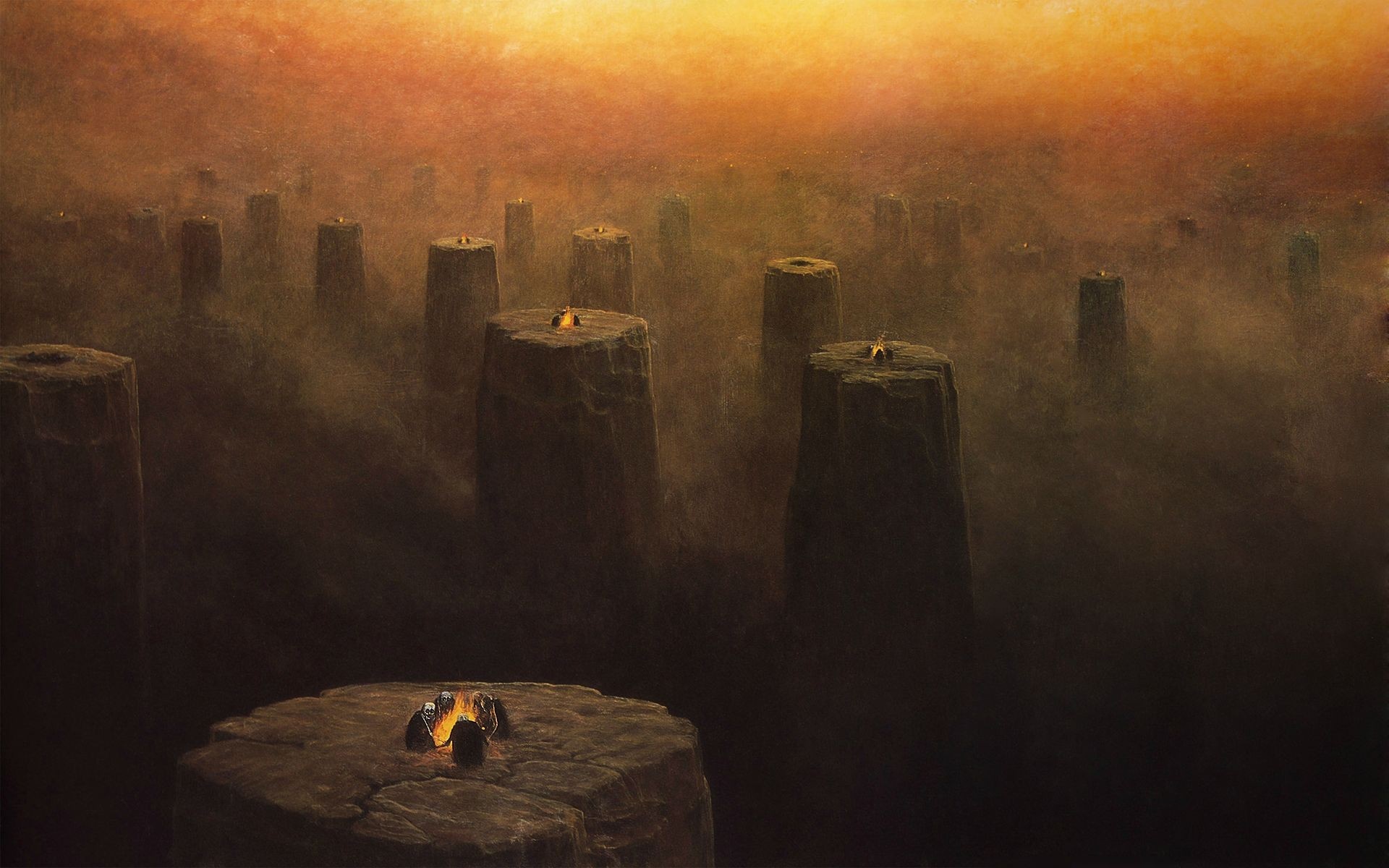 Painting of figures around a fire on stone pillars HD Wallpaper