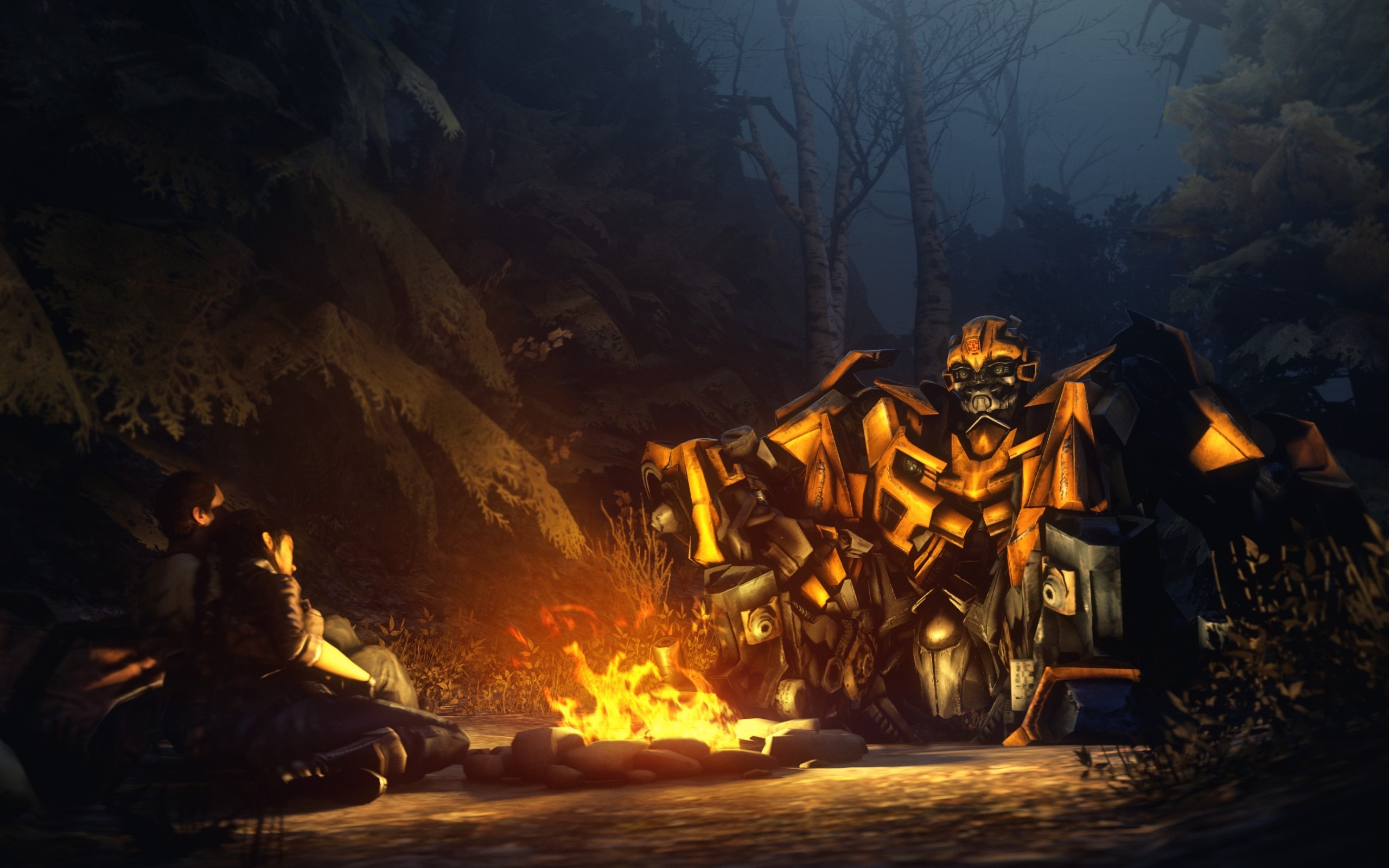 Bumblebee from Transformers sitting by a campfire with a person HD Wallpaper