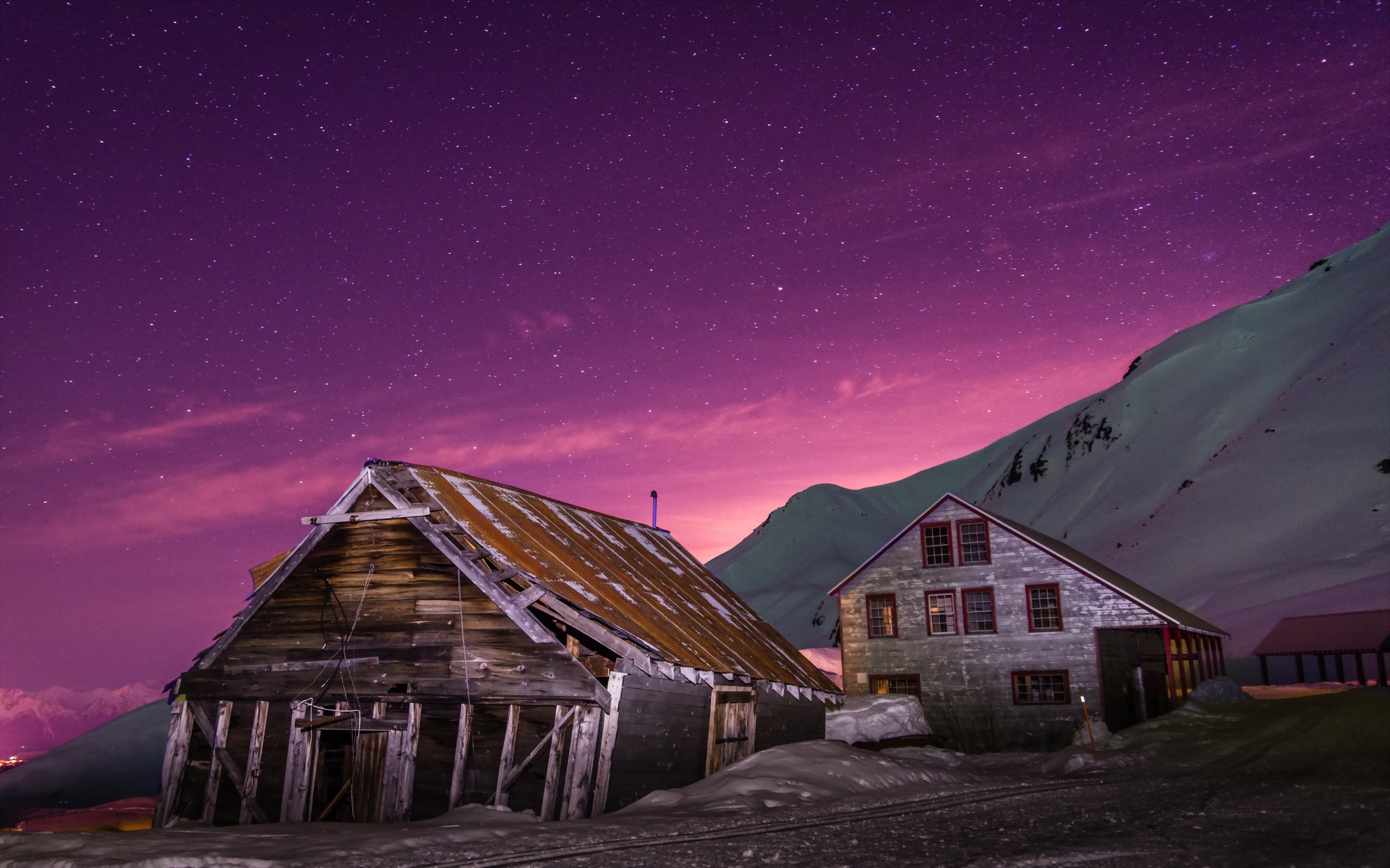 Wooden barn and house under starry purple sky HD Wallpaper