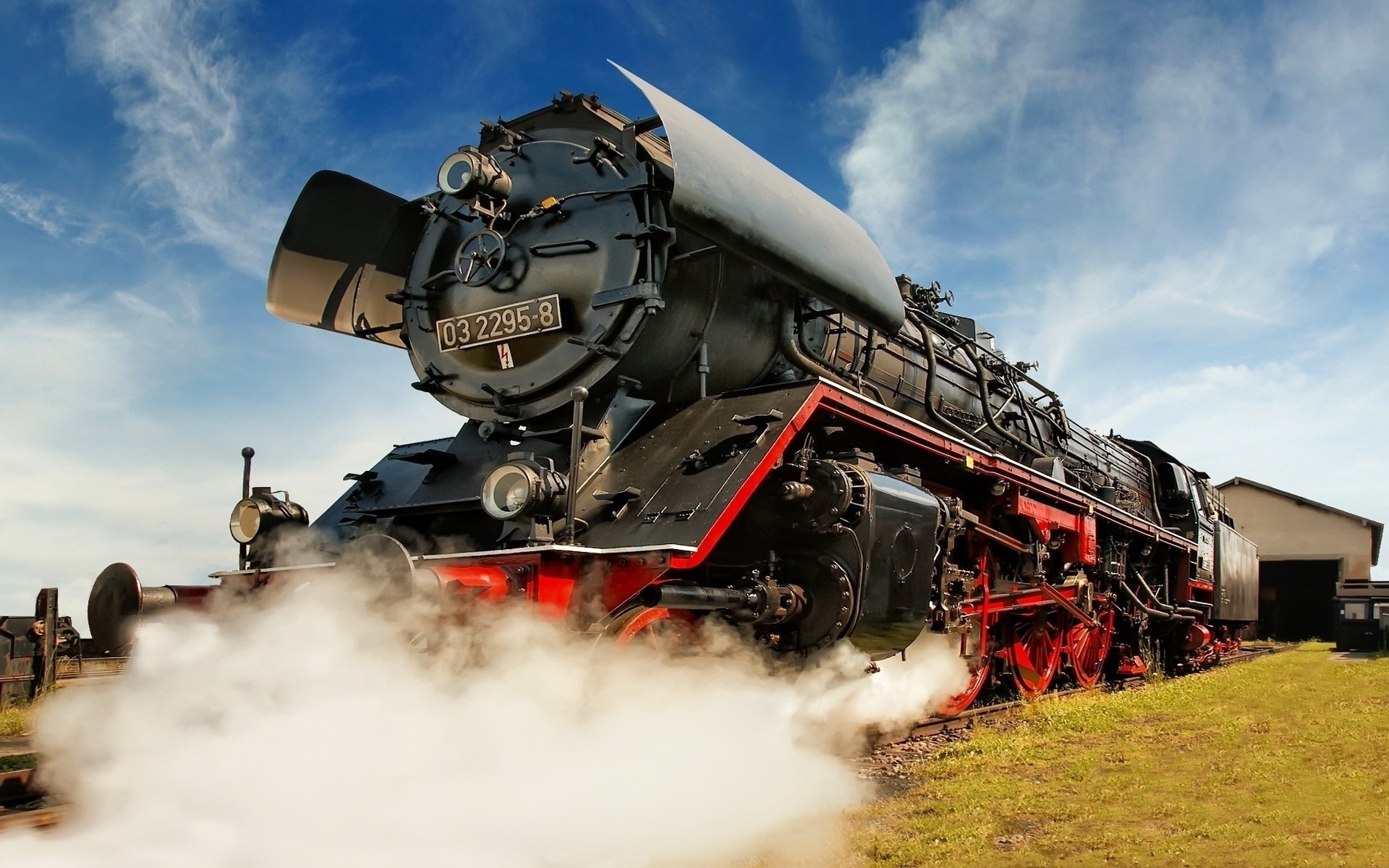 Steam locomotive 03 2295-8 emitting steam HD Wallpaper