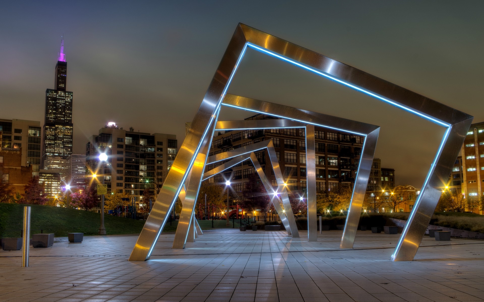 Chicago cityscape at night with modern sculpture HD Wallpaper