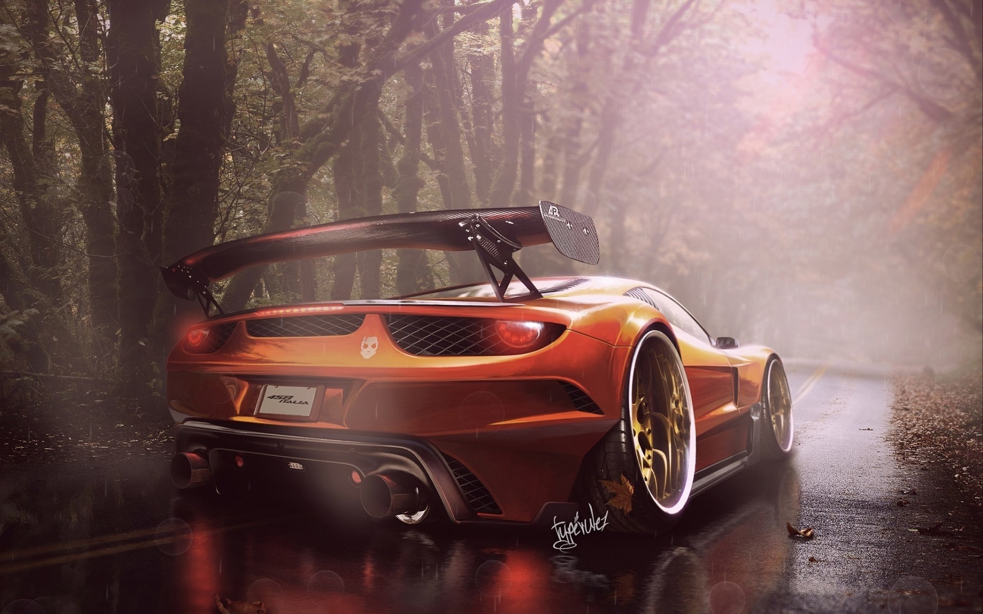 Orange Ferrari 458 Italia with spoiler in forest HD Wallpaper