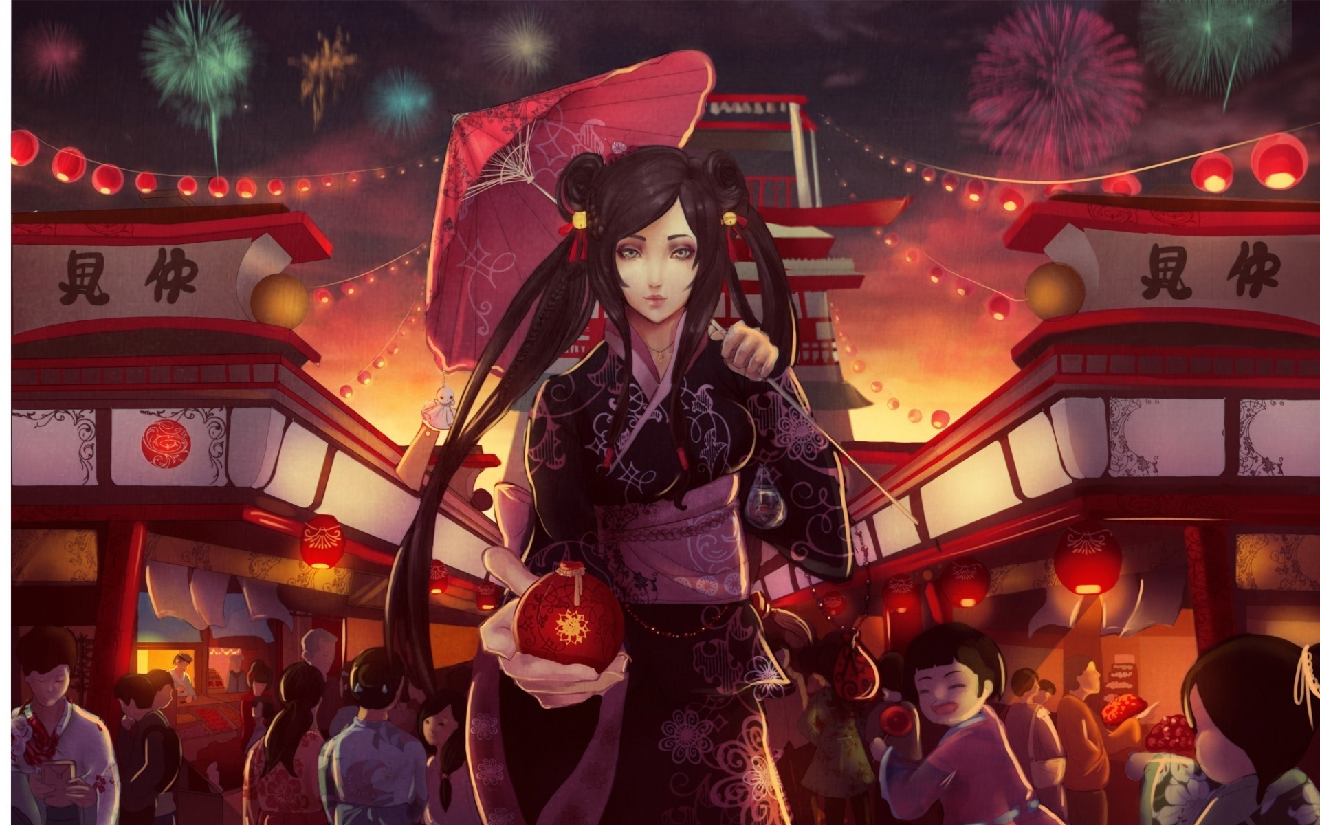 Anime girl in kimono at a festival with fireworks HD Wallpaper