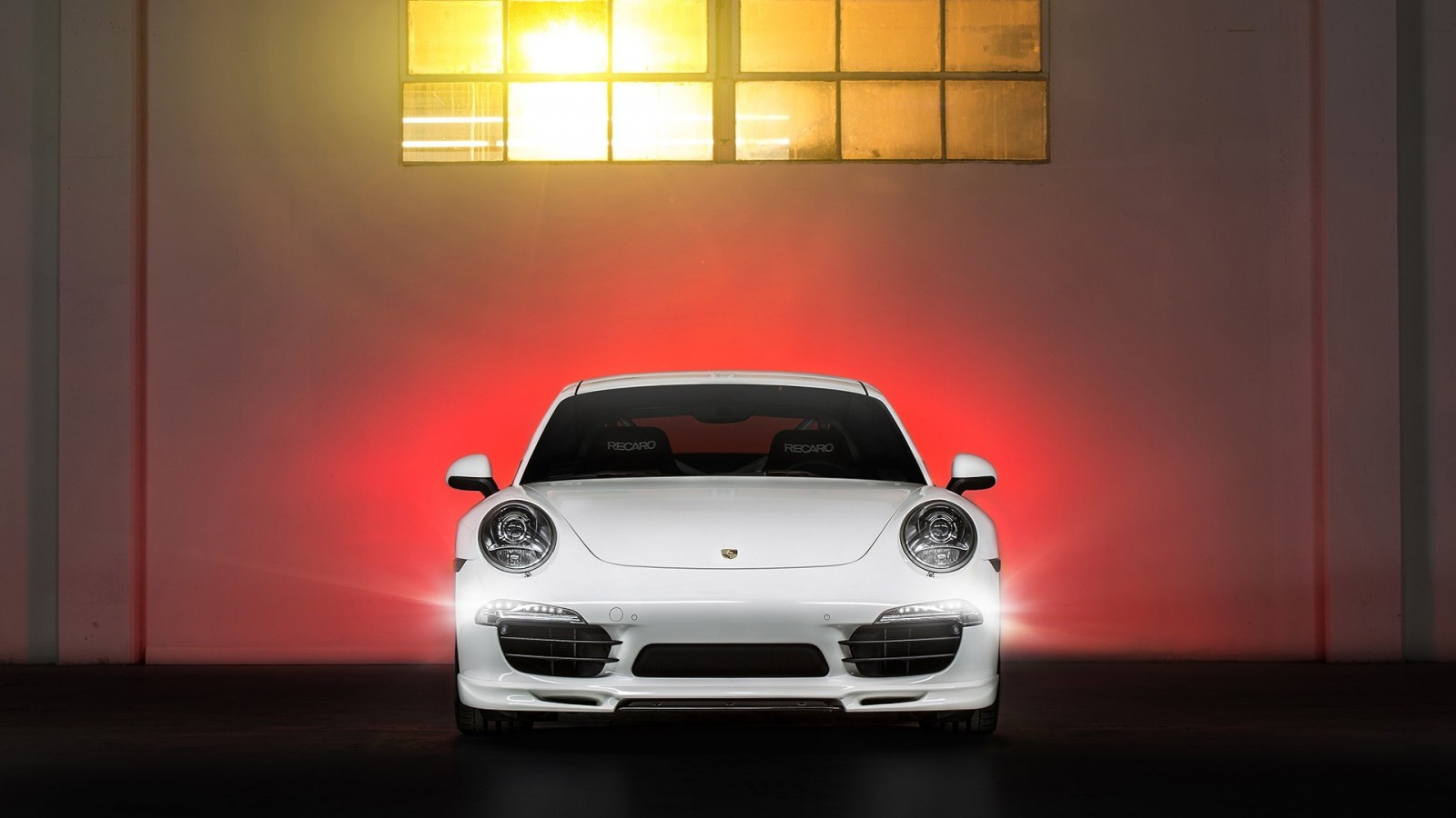 White Porsche 911 sports car with red lighting HD Wallpaper
