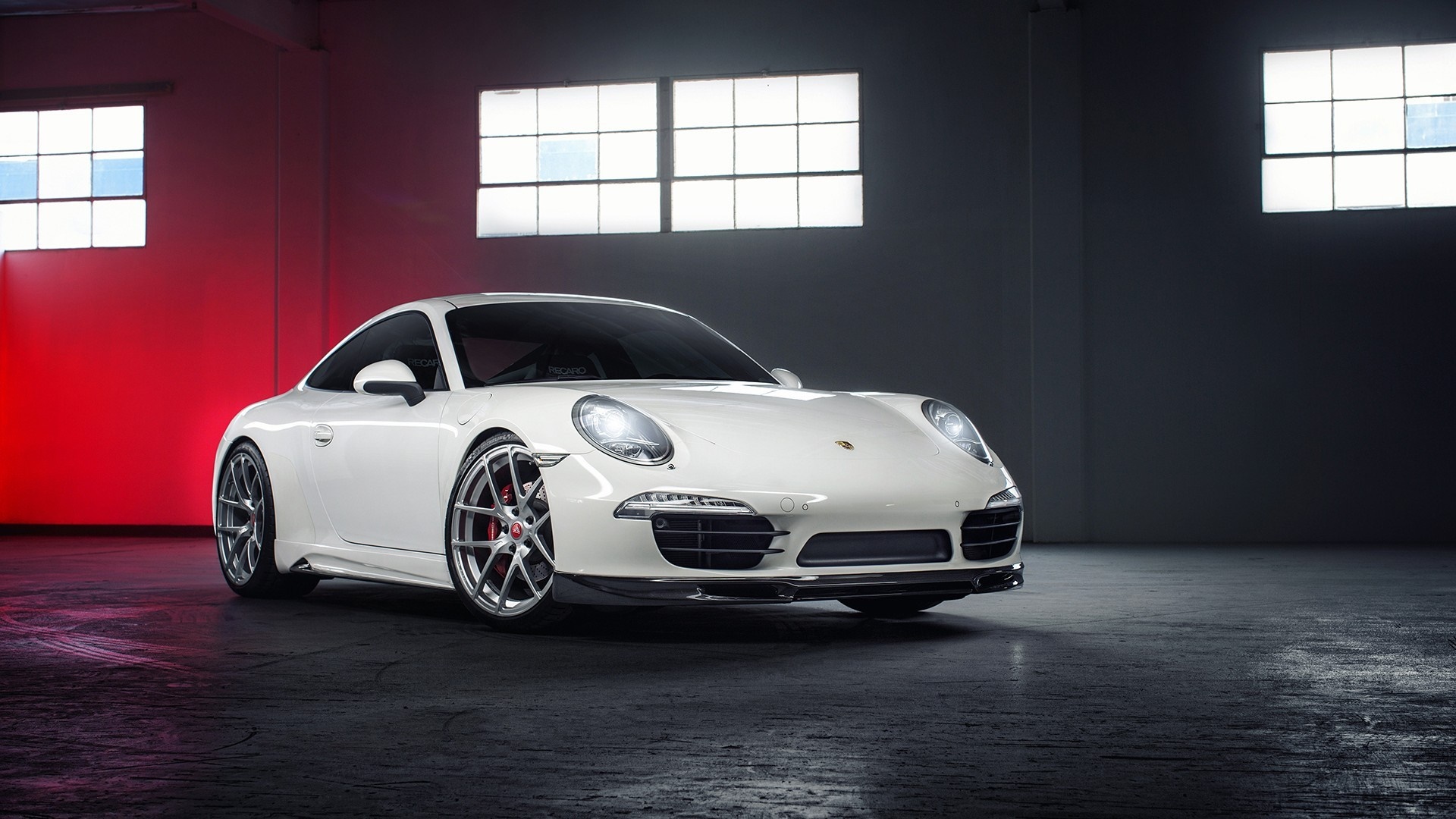 White Porsche 911 sports car in a studio HD Wallpaper