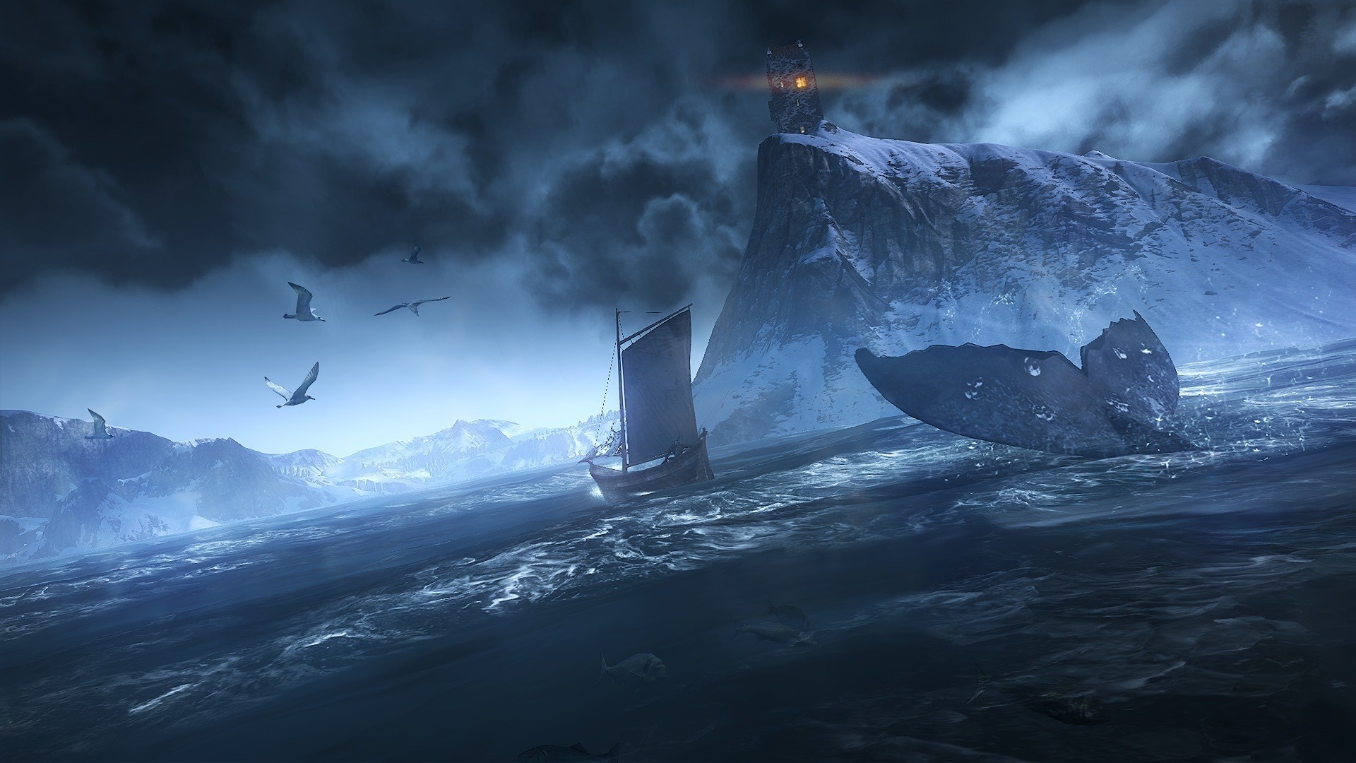The Witcher 3: Wild Hunt - Whale Tail and Ship in Arctic HD Wallpaper
