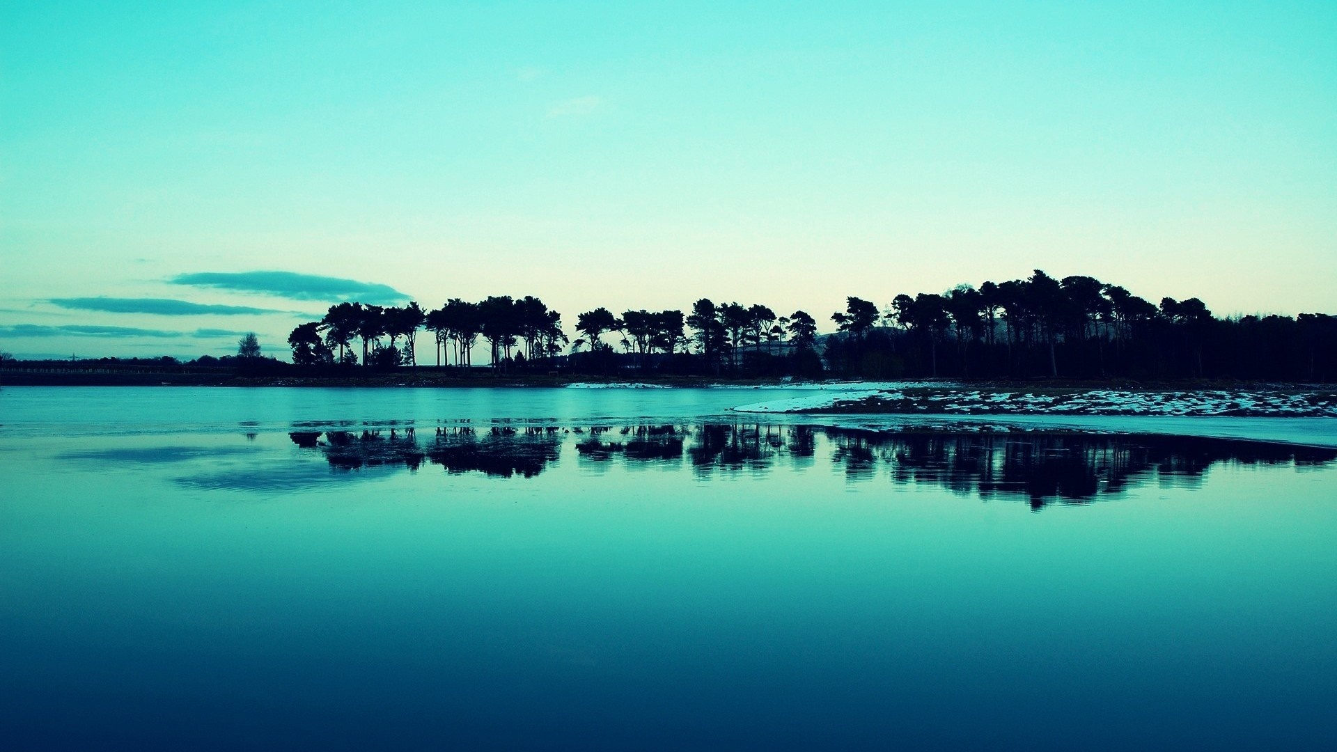 Trees reflected in a calm lake at dusk HD Wallpaper