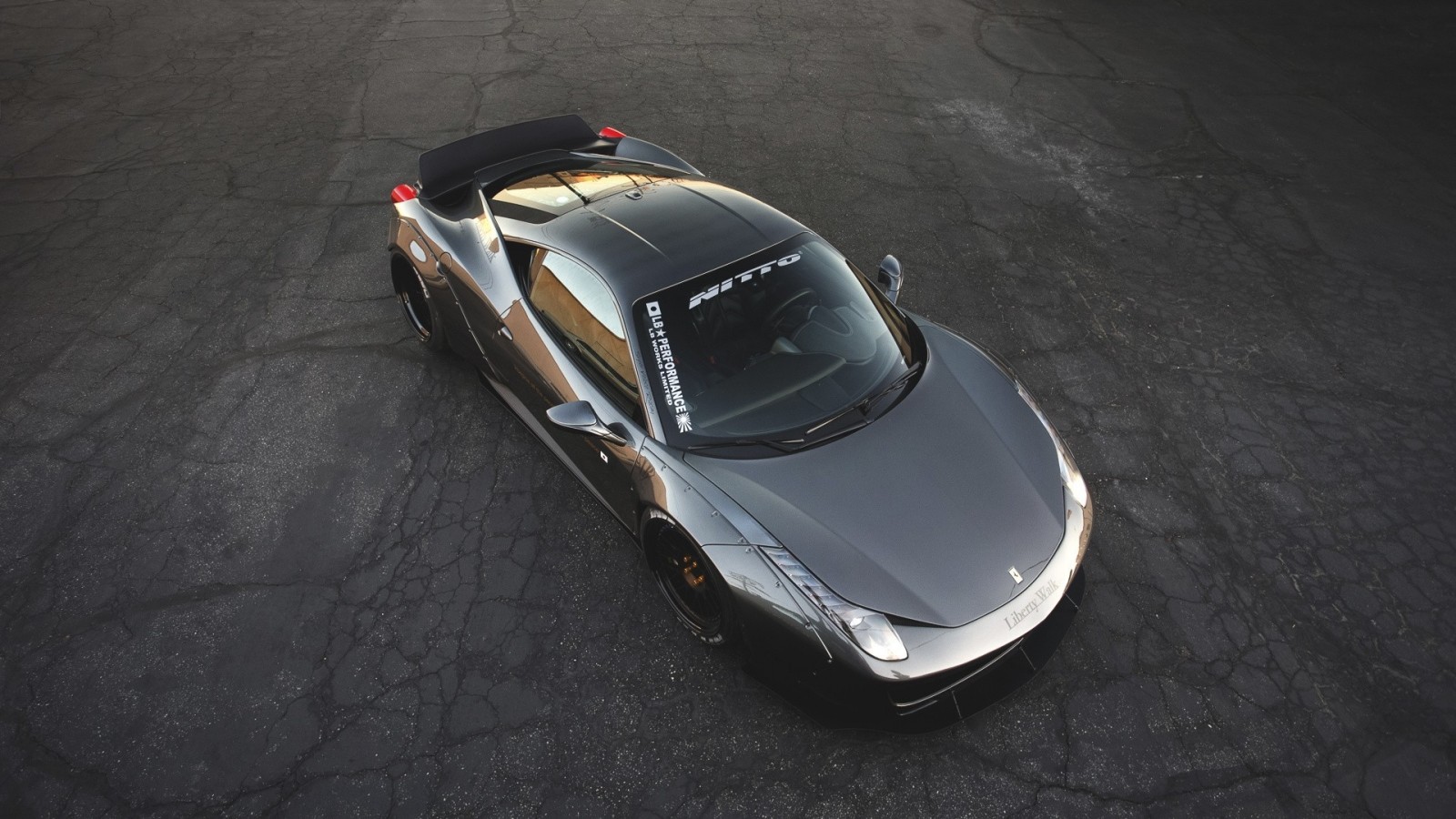 Dark grey Ferrari 458 Italia with racing decals HD Wallpaper
