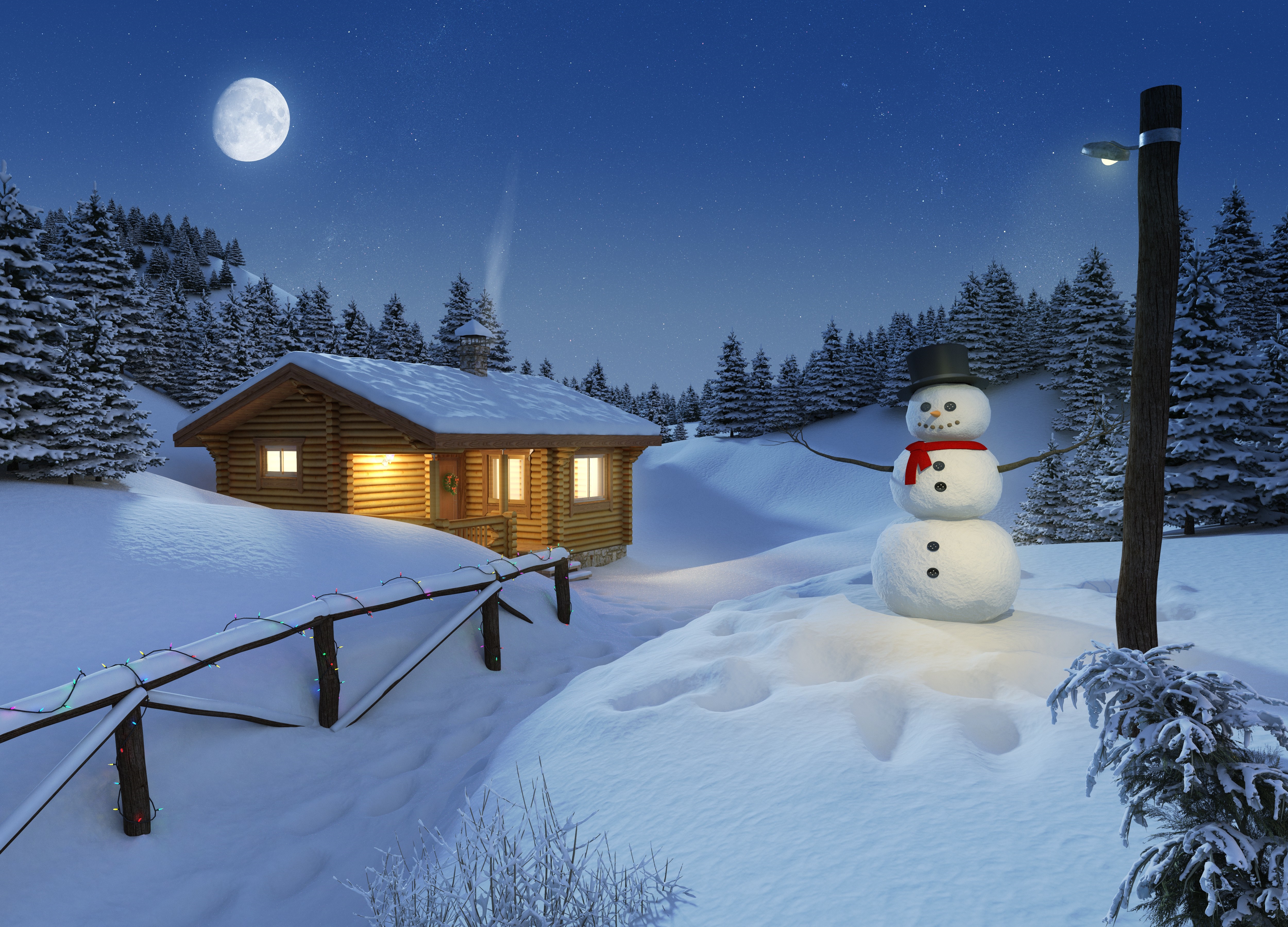 Snowman and cabin in a winter landscape at night HD Wallpaper