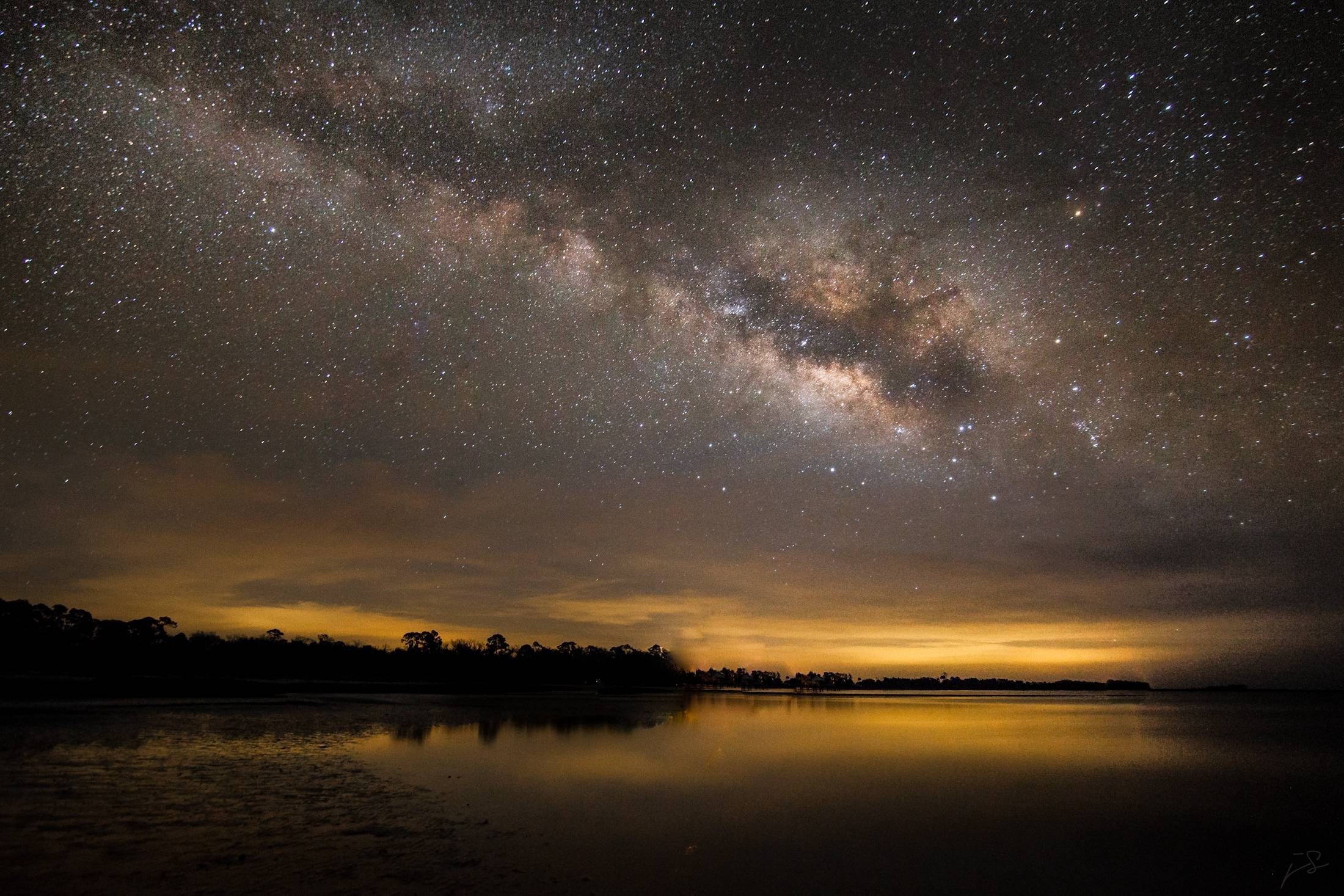 Milky Way galaxy over a calm body of water at night HD Wallpaper