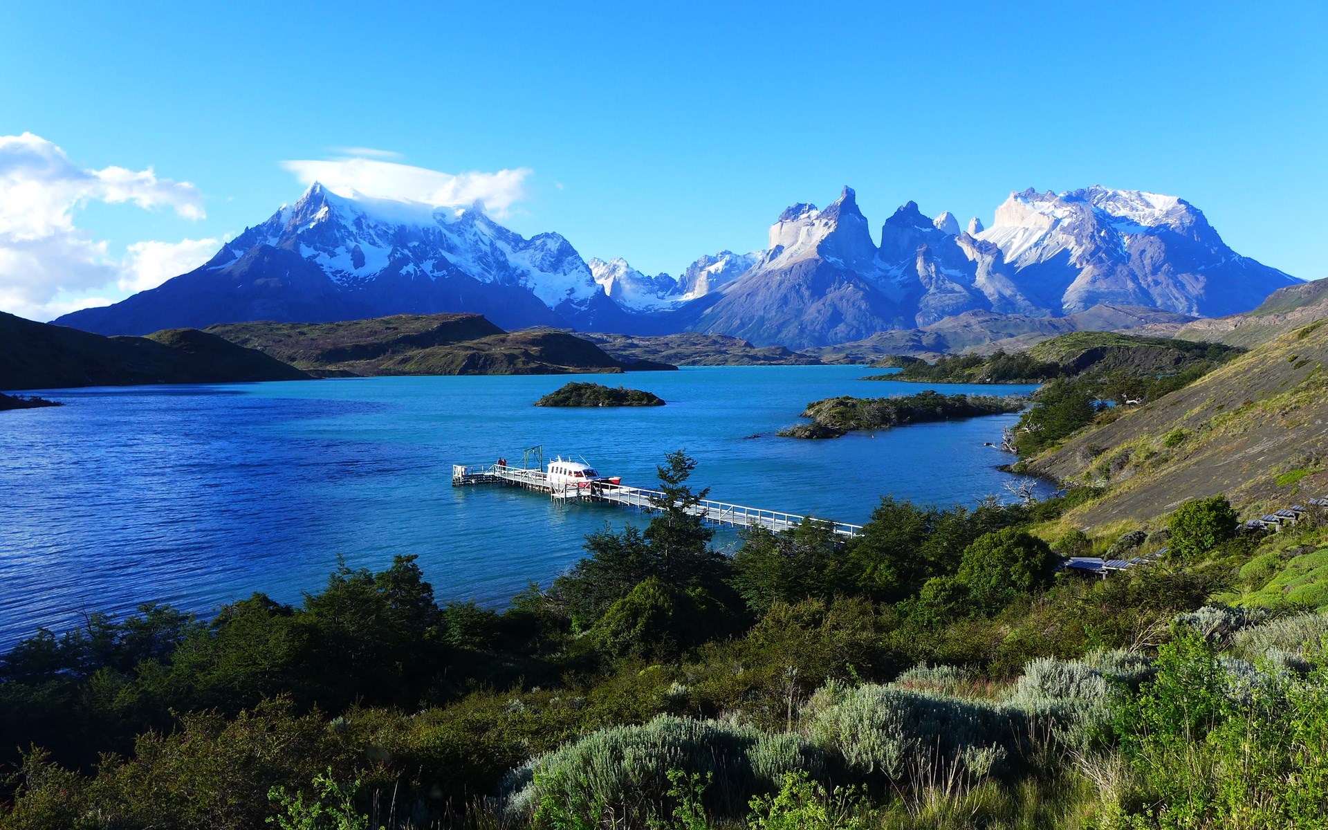 Torres del Paine National Park with a pier and boat HD Wallpaper