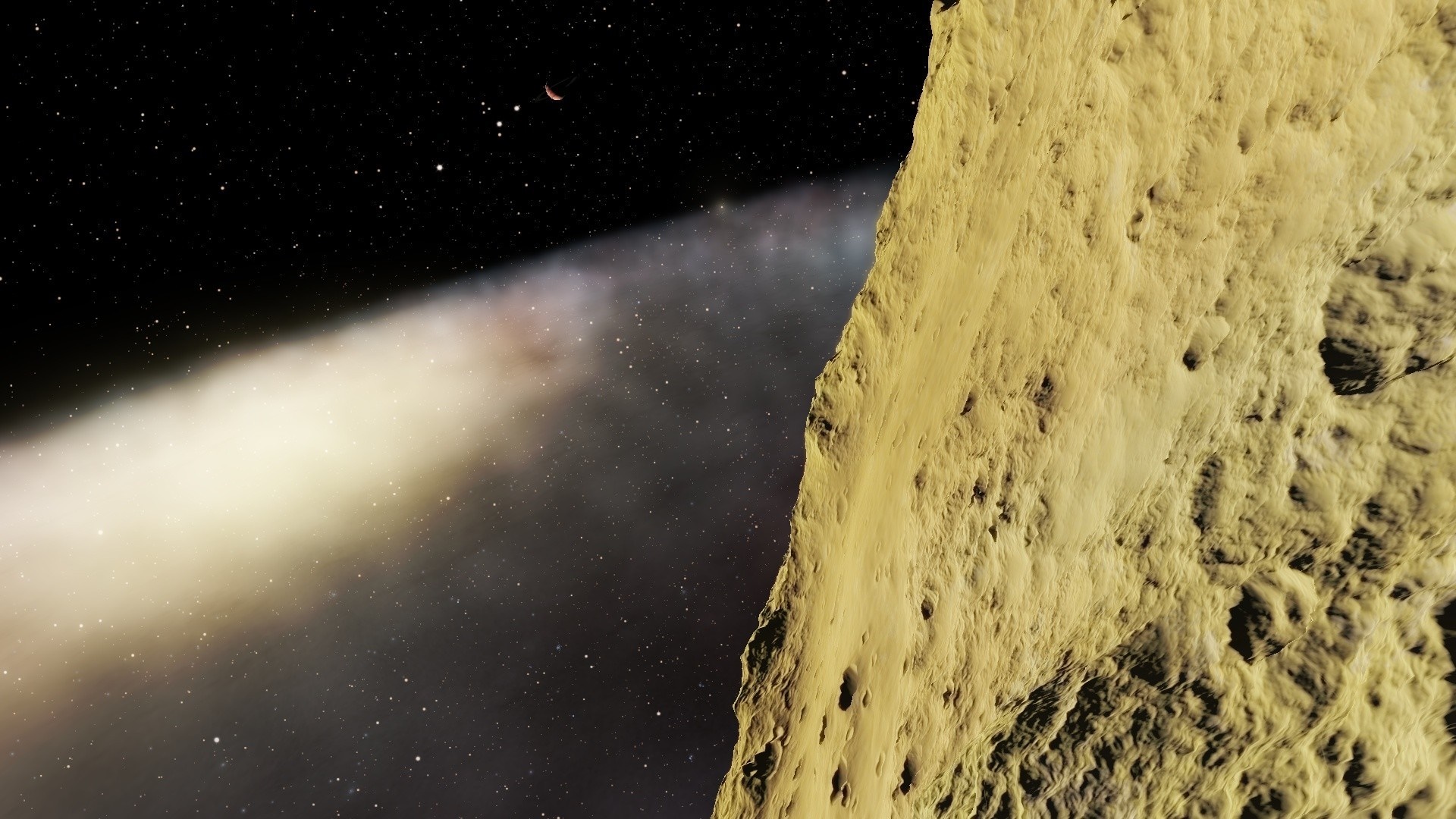 Asteroid with a distant moon and nebula HD Wallpaper