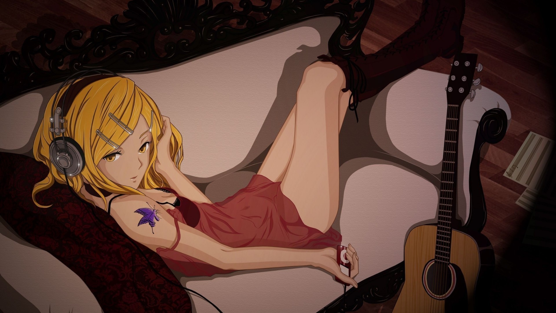 Kagamine Rin from Vocaloid with headphones and guitar HD Wallpaper