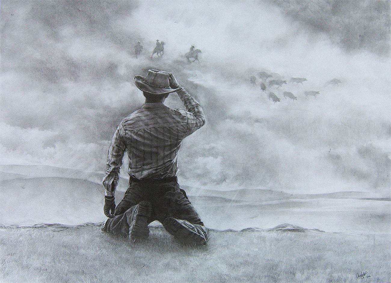 Cowboy kneeling in fog looking at herd and riders HD Wallpaper