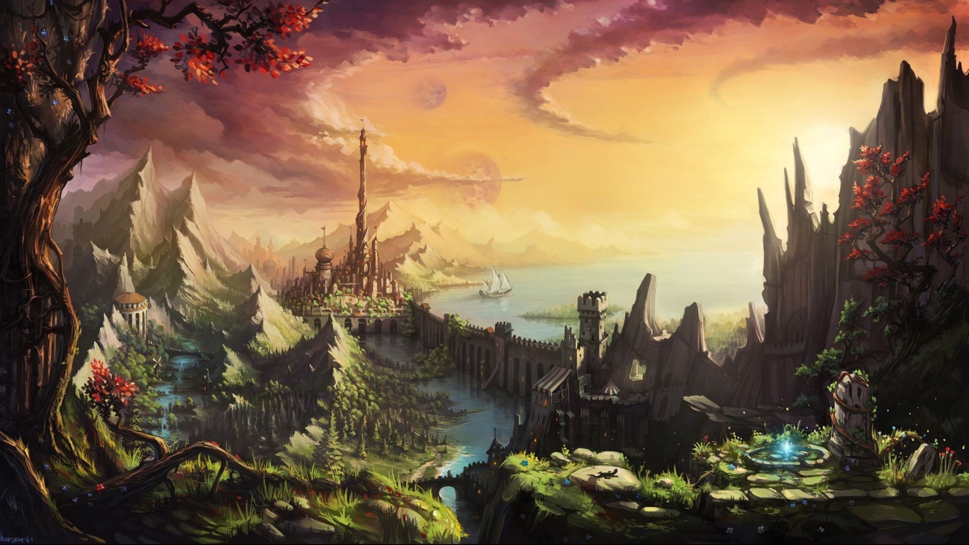 Fantasy landscape painting with castle and mountains HD Wallpaper