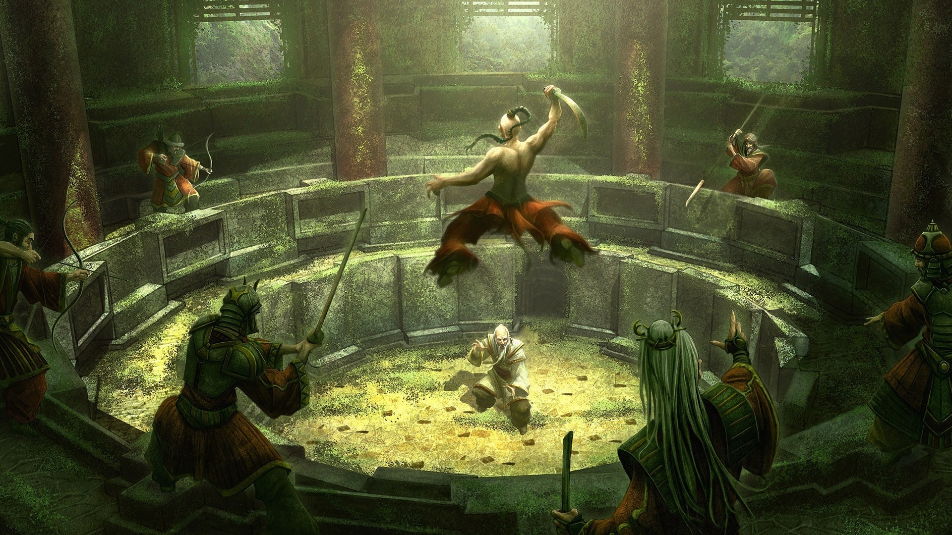 Warriors in a circular arena with overgrown ruins HD Wallpaper