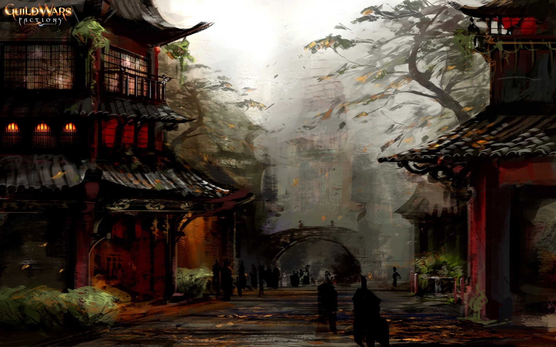 Guild Wars Factions artwork of a street scene HD Wallpaper