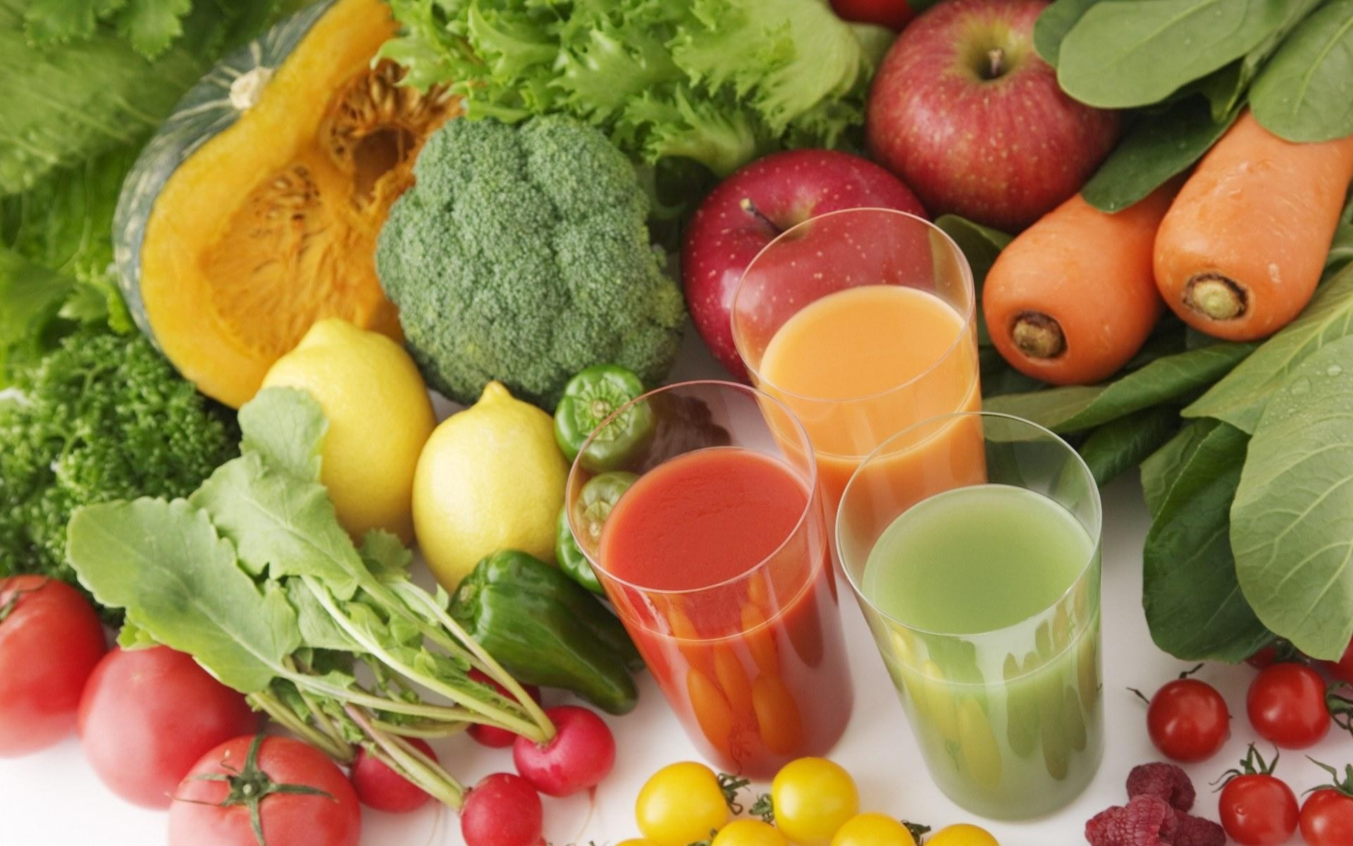 Assortment of fresh fruits and vegetables with juices HD Wallpaper
