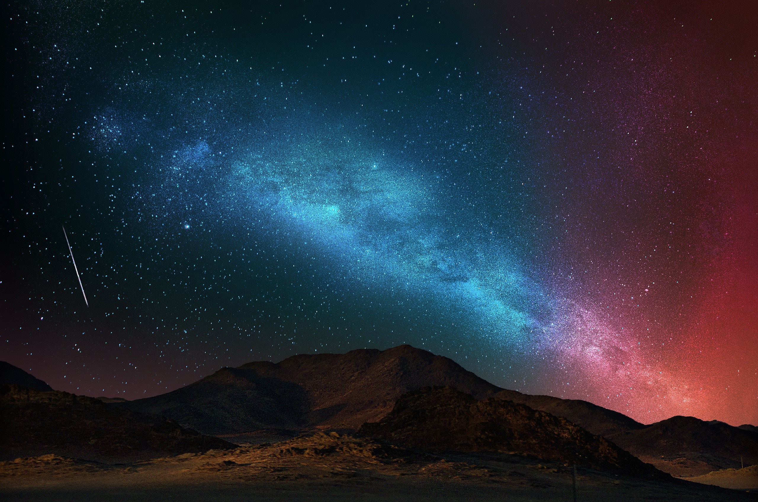 Milky Way galaxy over desert mountains with a shooting star HD Wallpaper