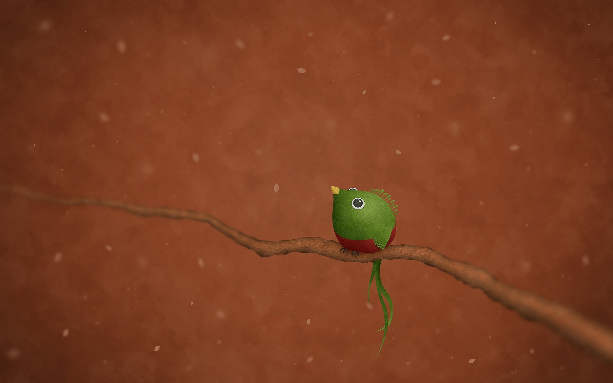 A cartoon bird with a long tail sits on a branch HD Wallpaper