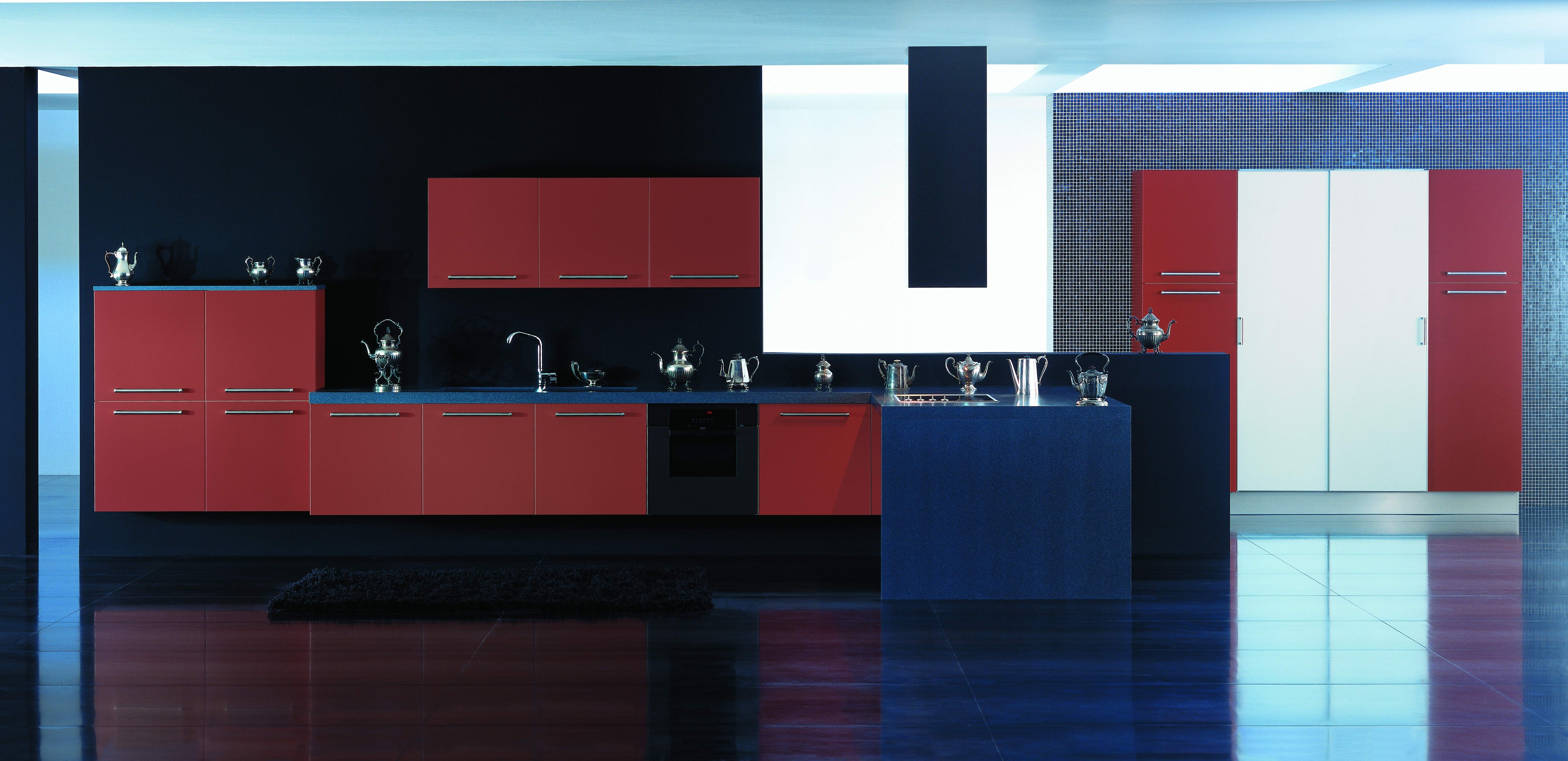 Modern red and blue kitchen interior design HD Wallpaper