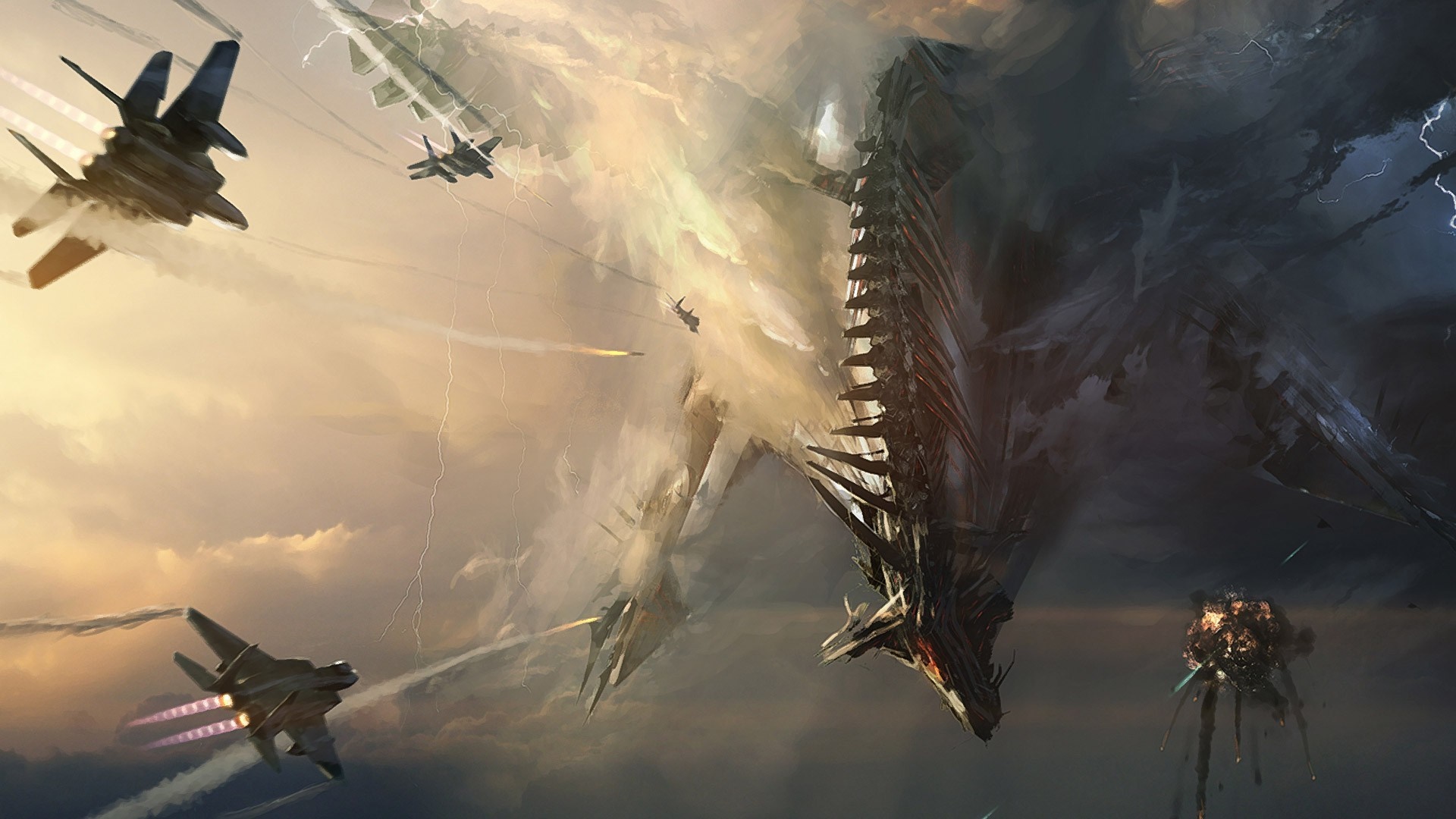 Jets battle a colossal alien creature in a stormy sky HD Wallpaper