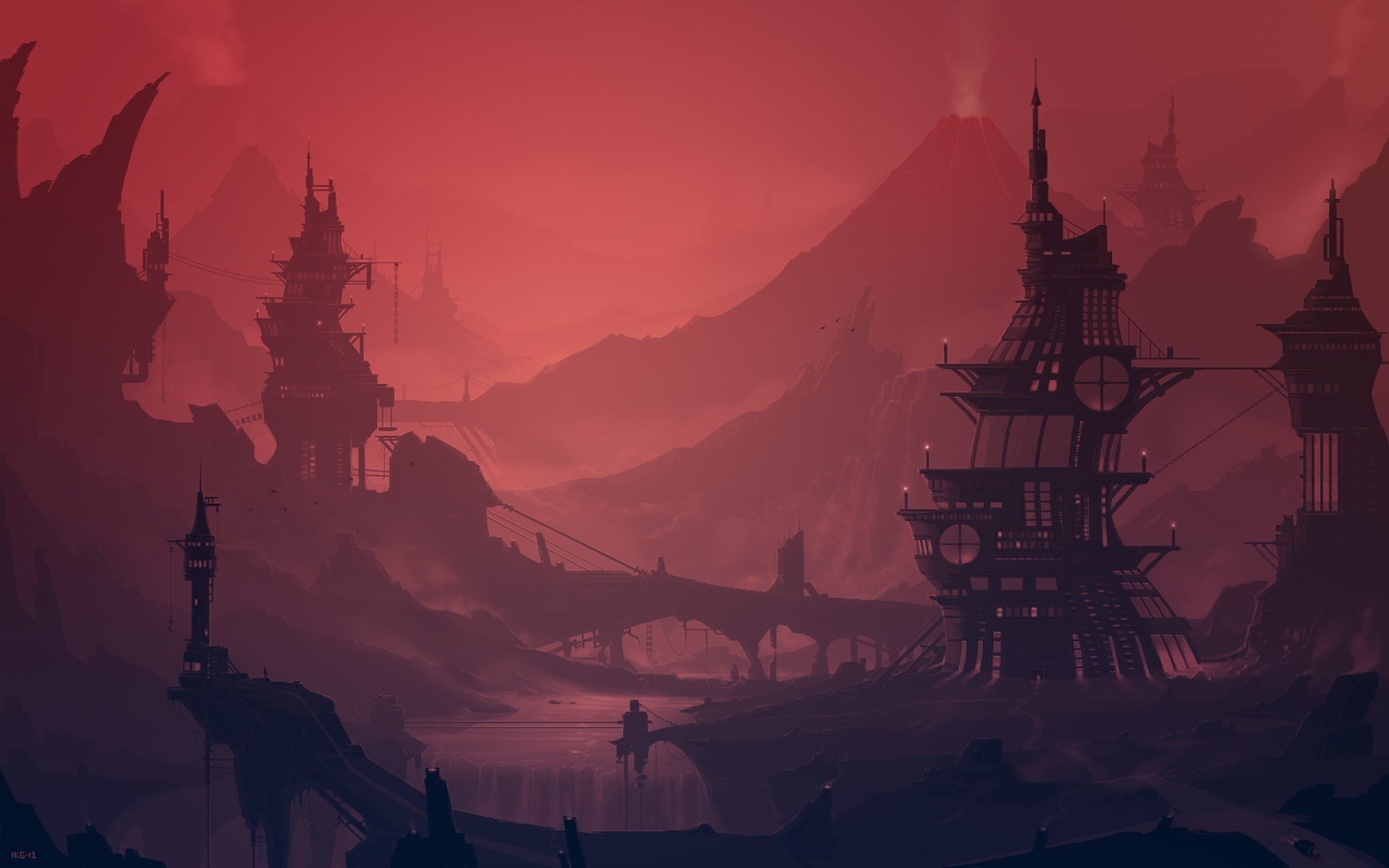 Futuristic city on a red planet with volcanoes HD Wallpaper