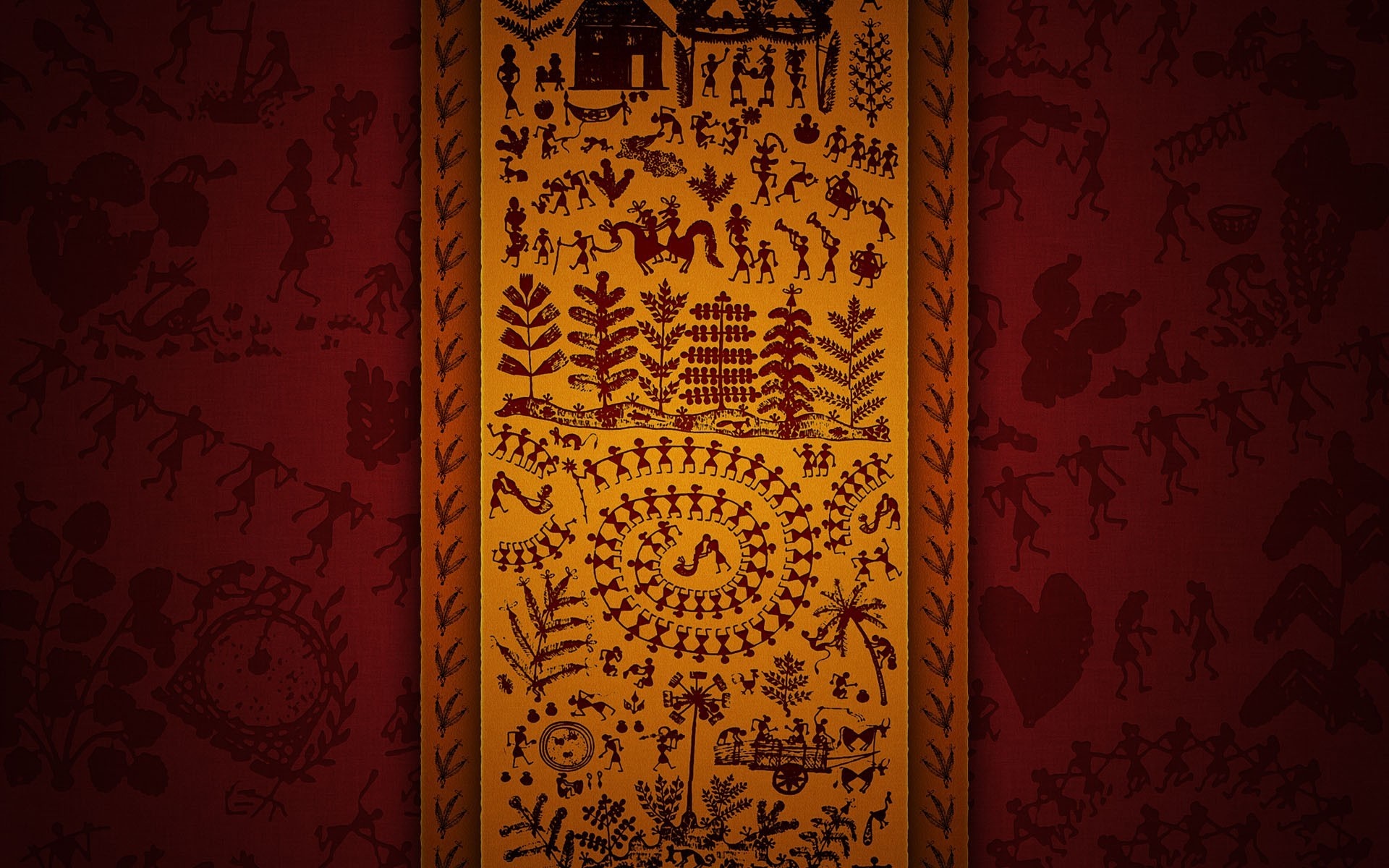 Warli tribal art on fabric with red background HD Wallpaper