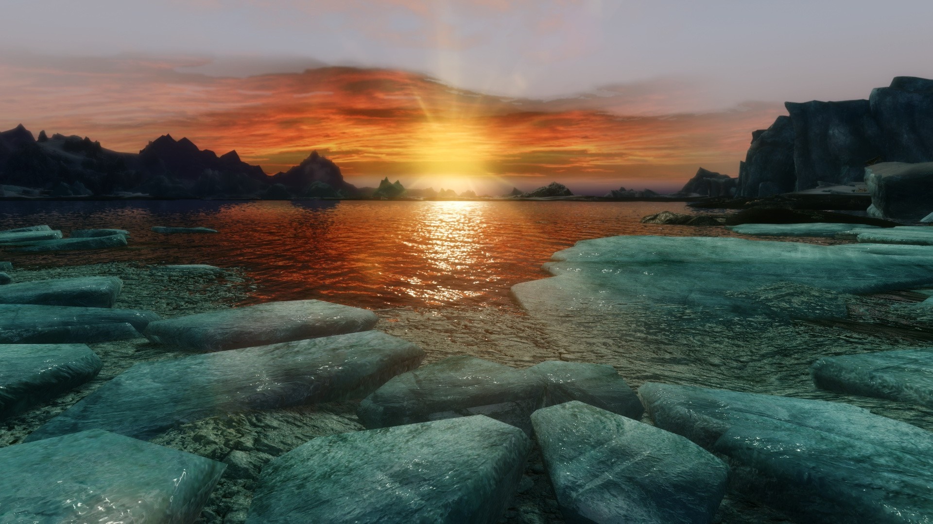 The Elder Scrolls V Skyrim: Sunset over icy coast HD Wallpaper