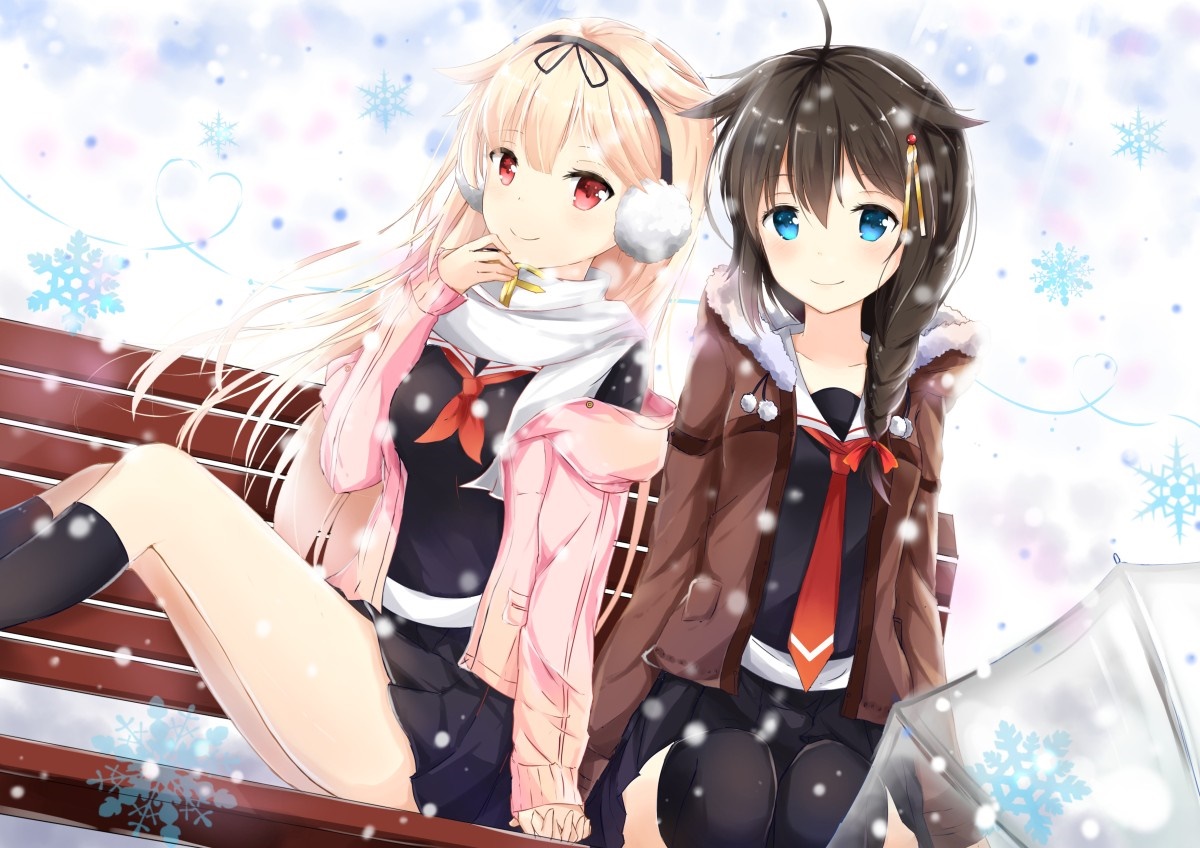 Yuudachi and Shigure from Kantai Collection in the snow HD Wallpaper