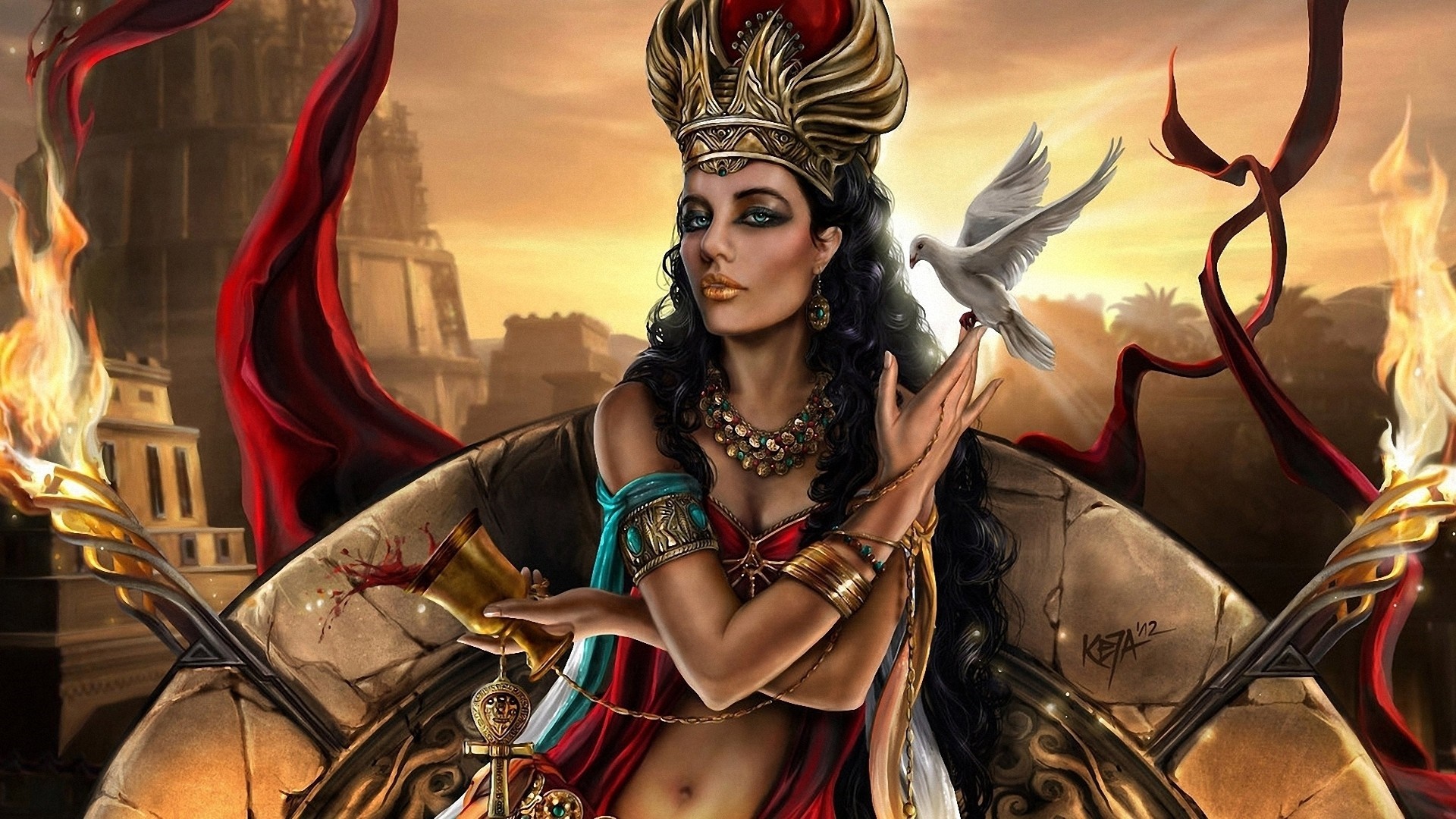 Fantasy woman with crown and dove HD Wallpaper