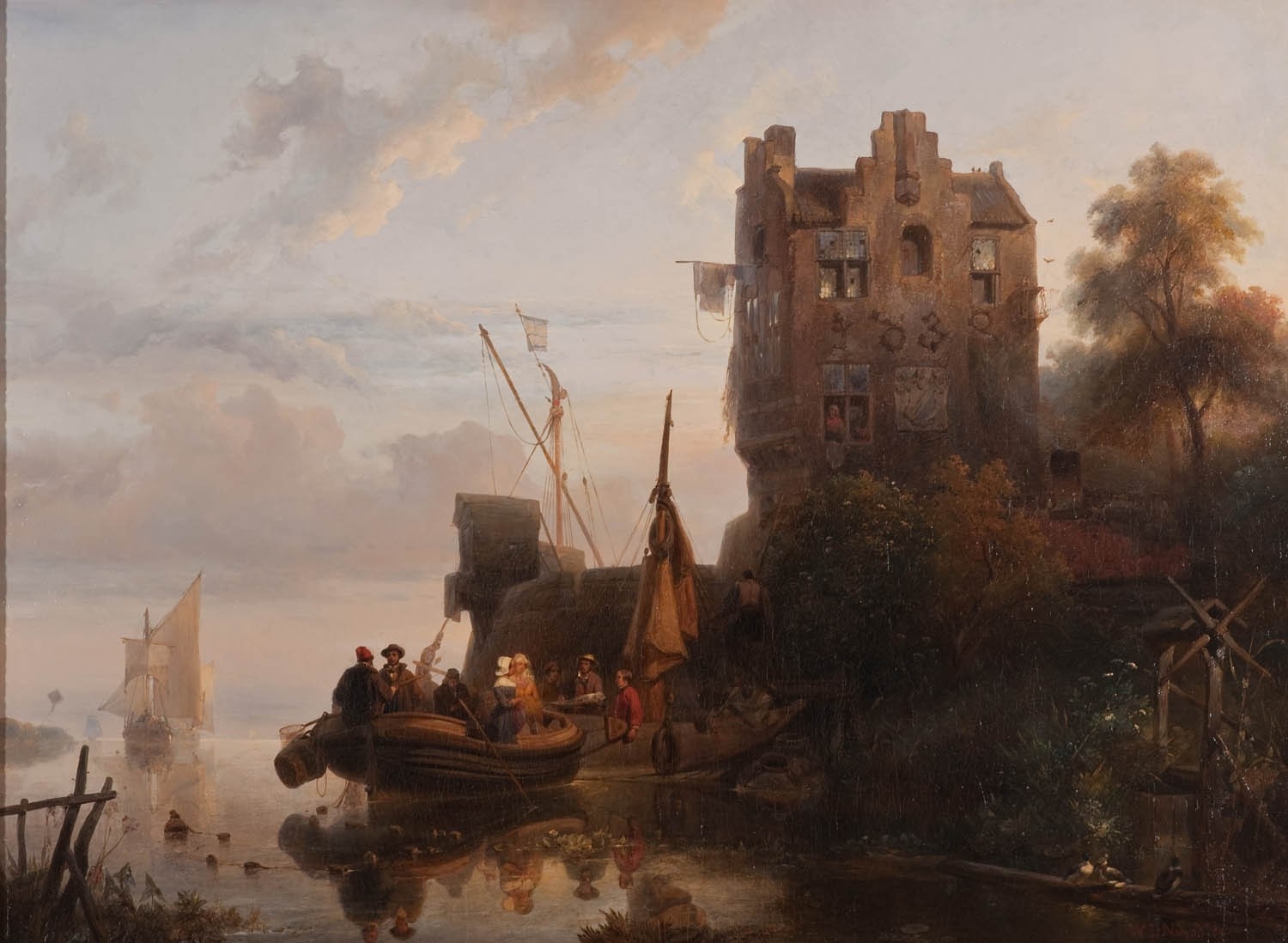 Painting of a river scene with boats and a castle at dusk HD Wallpaper