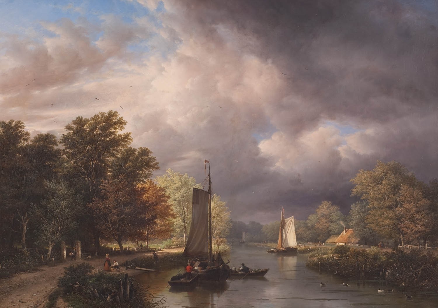 Boats on a river under stormy clouds HD Wallpaper