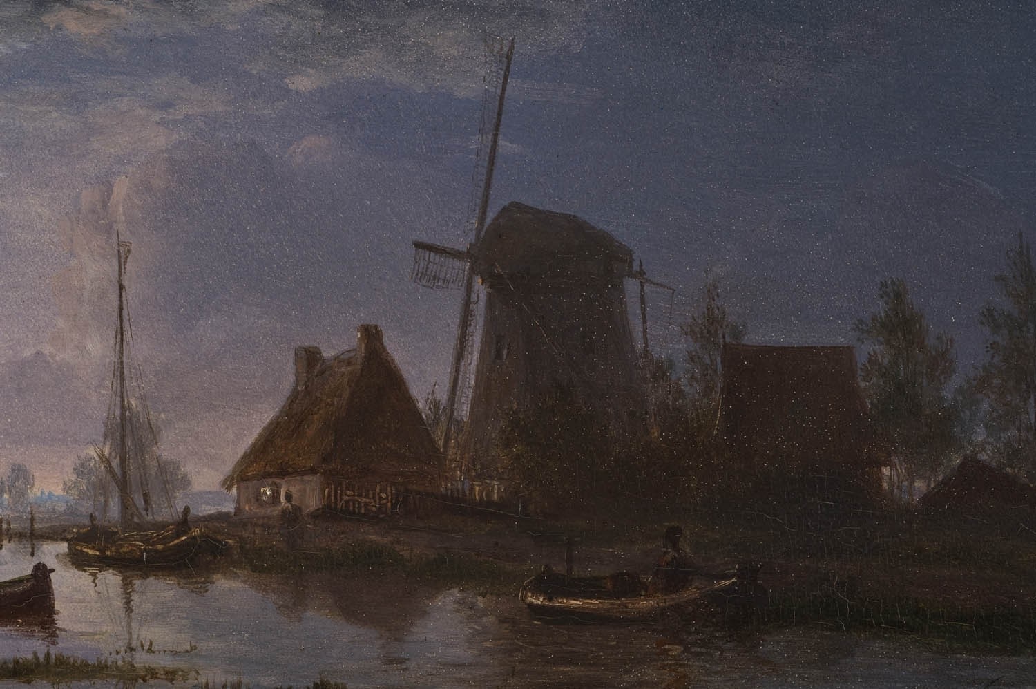 Evening River Scene with Windmill and Boats HD Wallpaper