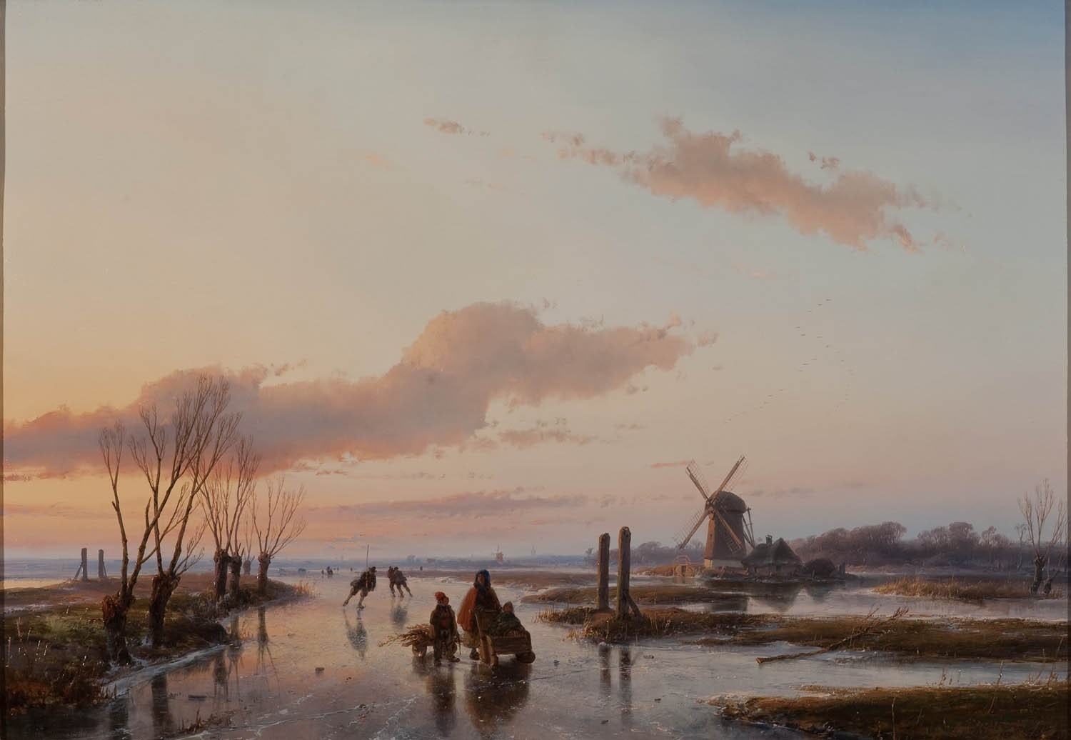 Sunset Over Frozen Wetlands with Windmill HD Wallpaper