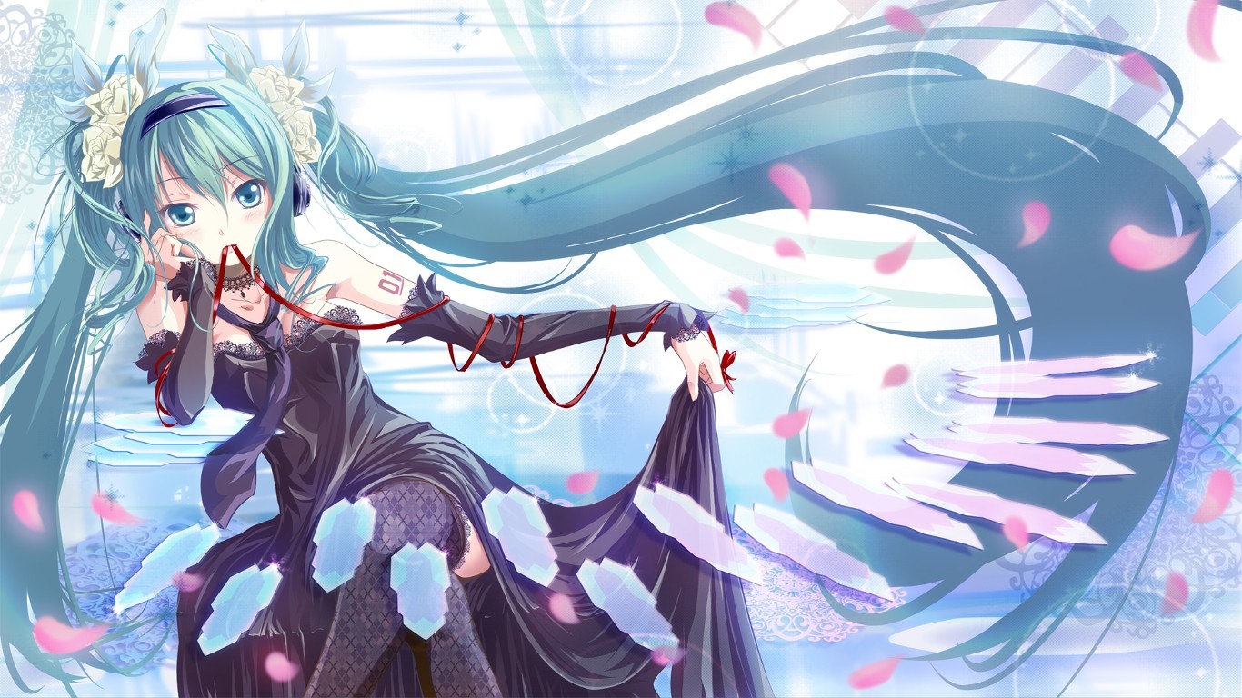 Hatsune Miku from Vocaloid in a black dress HD Wallpaper