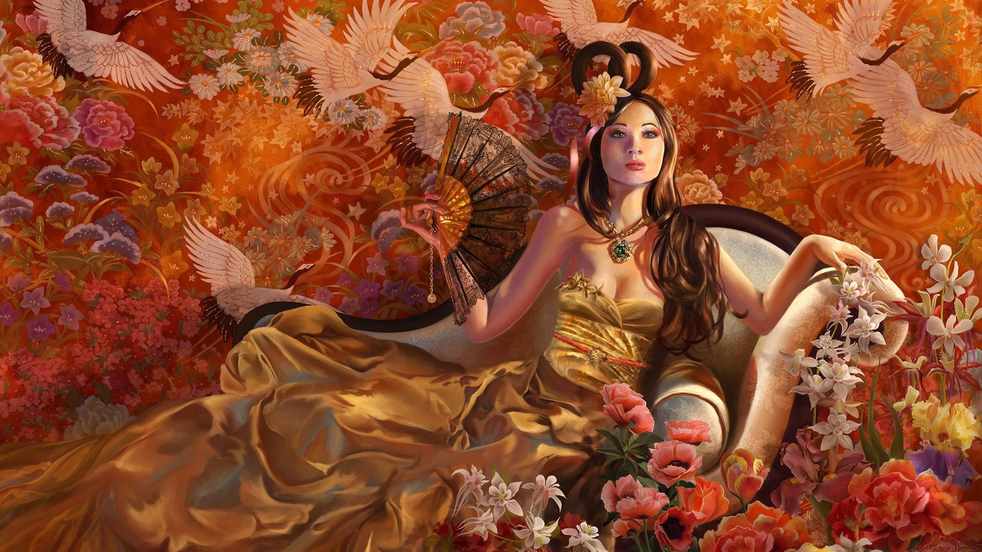 Woman in golden dress with fan and cranes HD Wallpaper