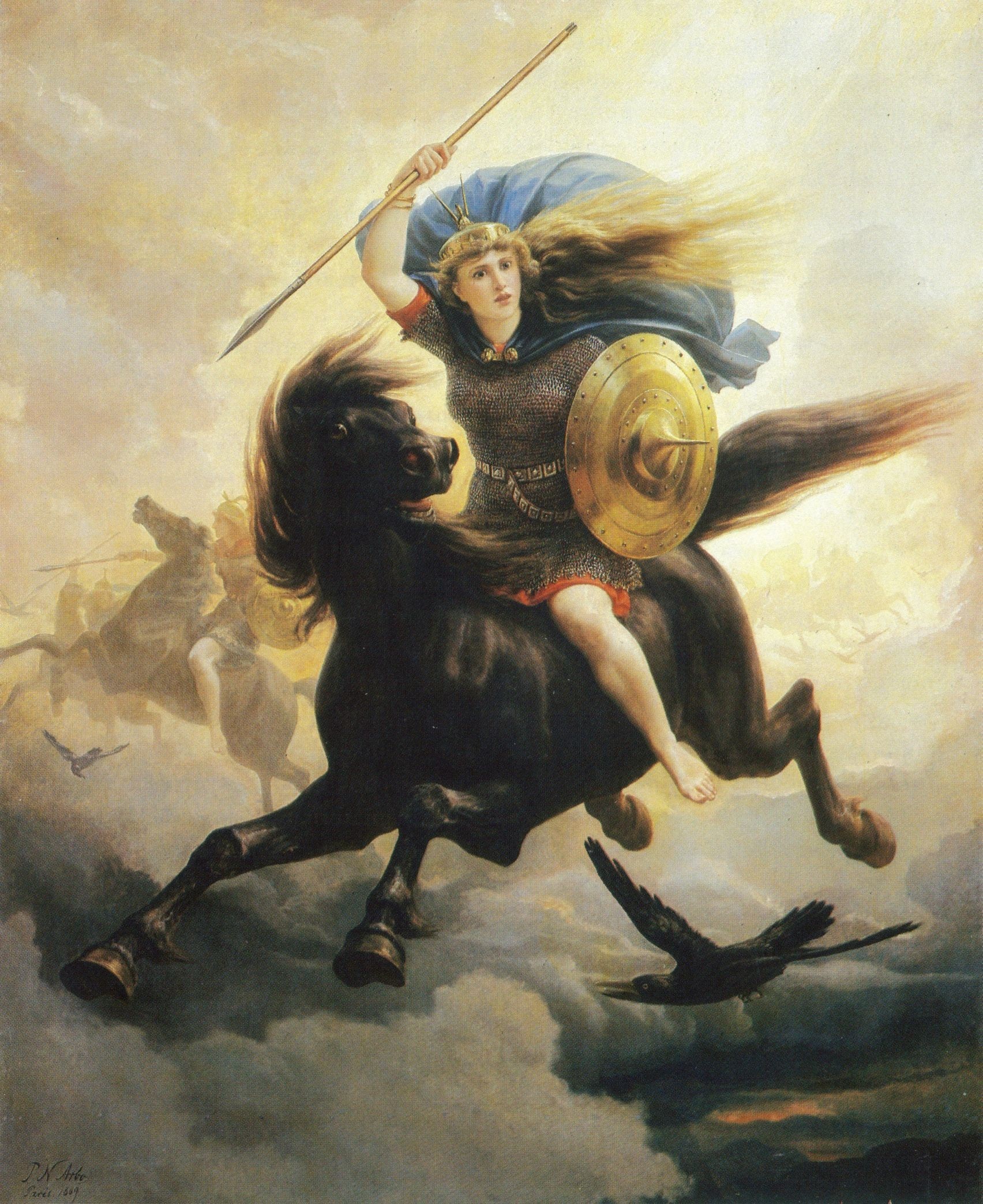 Valkyrie Riding a Horse with Spear and Shield HD Wallpaper