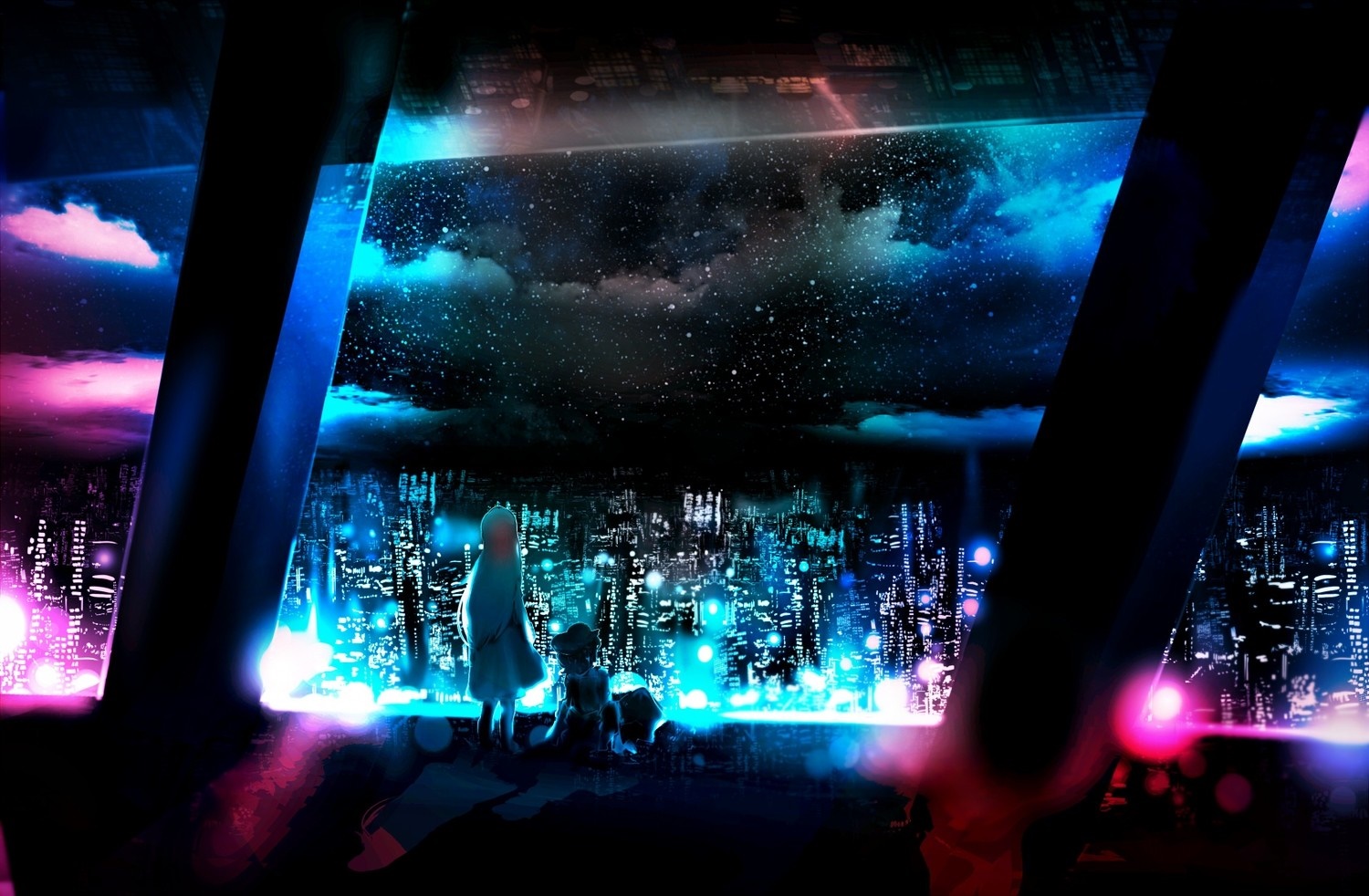 Anime characters looking at a futuristic cityscape at night HD Wallpaper
